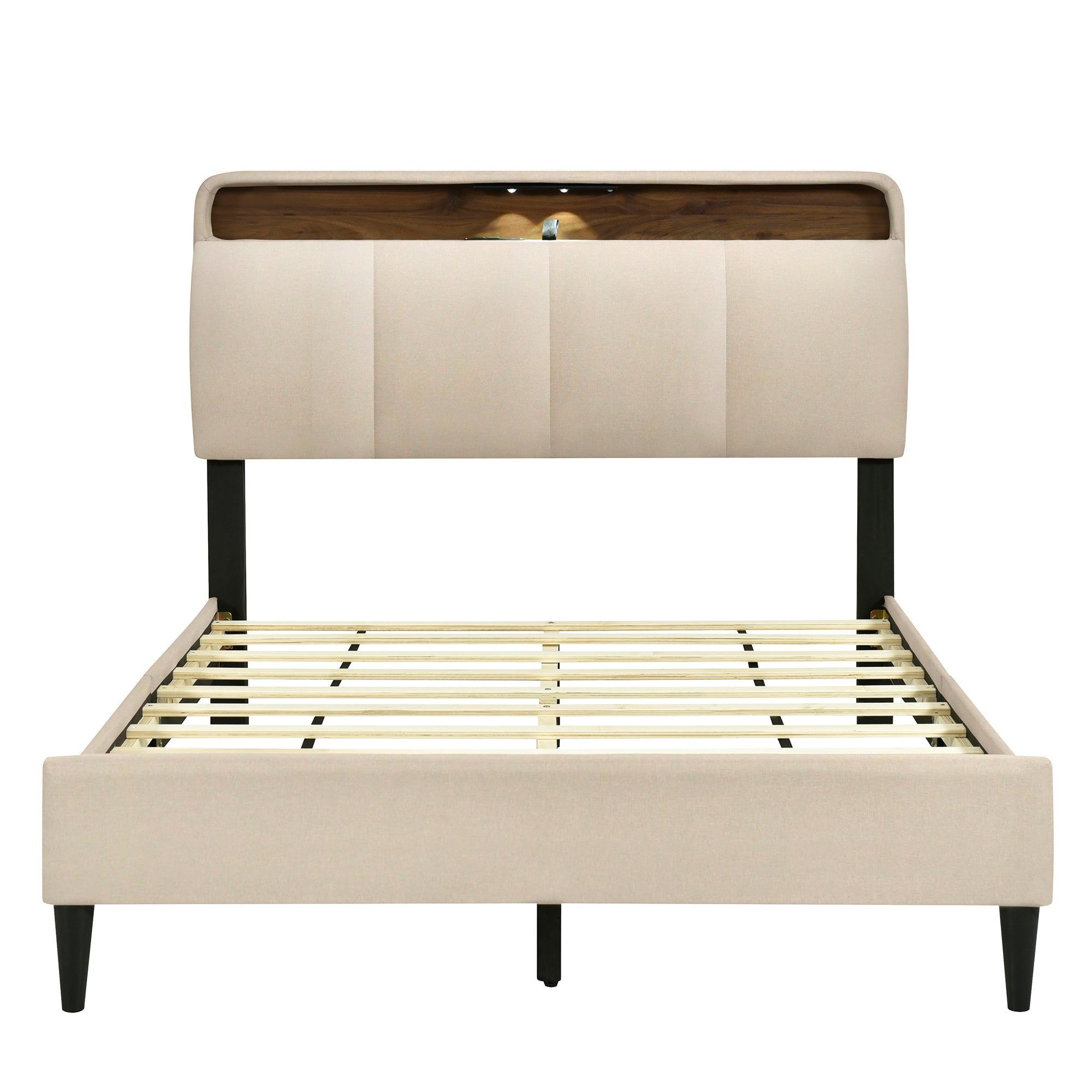 Full size Upholstered Platform Bed with Storage Headboard, Sensor Light and a set of Sockets and USB Ports, Linen Fabric, Beige