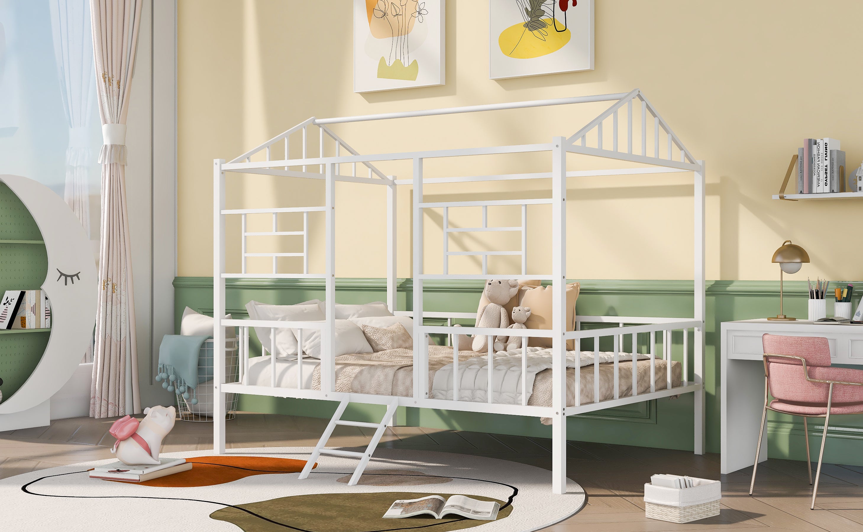 Metal House Bed Frame Full Size with Slatted Support No Box Spring Needed White - Atlantic Fine Furniture Melbourne FL