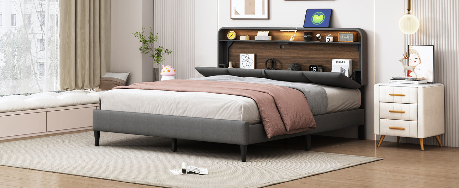 Queen size Upholstered Platform Bed with Storage Headboard, Sensor Light and a set of Sockets and USB Ports, Linen Fabric, Gray - Atlantic Fine Furniture Melbourne FL