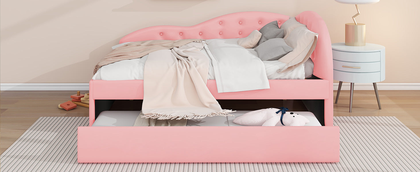 Full Size PU Upholstered Tufted Daybed with Trundle and Cloud Shaped Guardrail, Pink - Atlantic Fine Furniture Melbourne FL