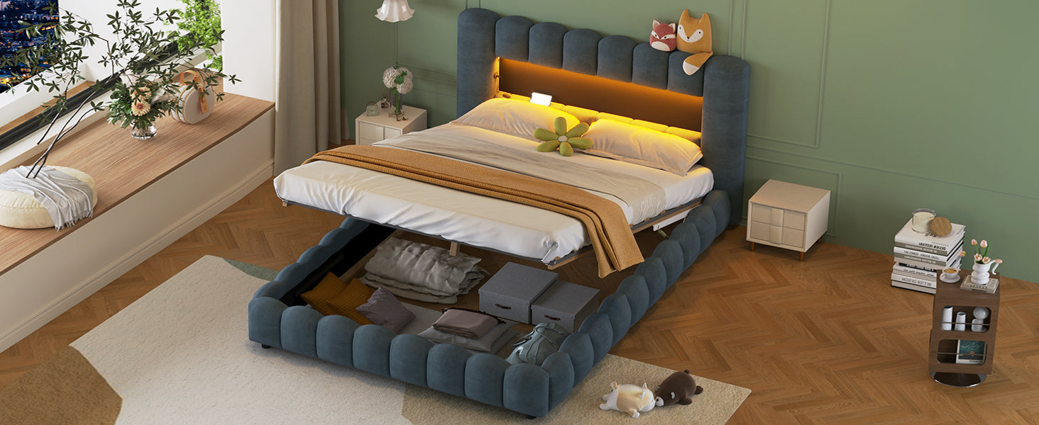 Queen Size Upholstered Platform Bed with LED Headboard and USB, Deep Blue - Atlantic Fine Furniture Melbourne FL