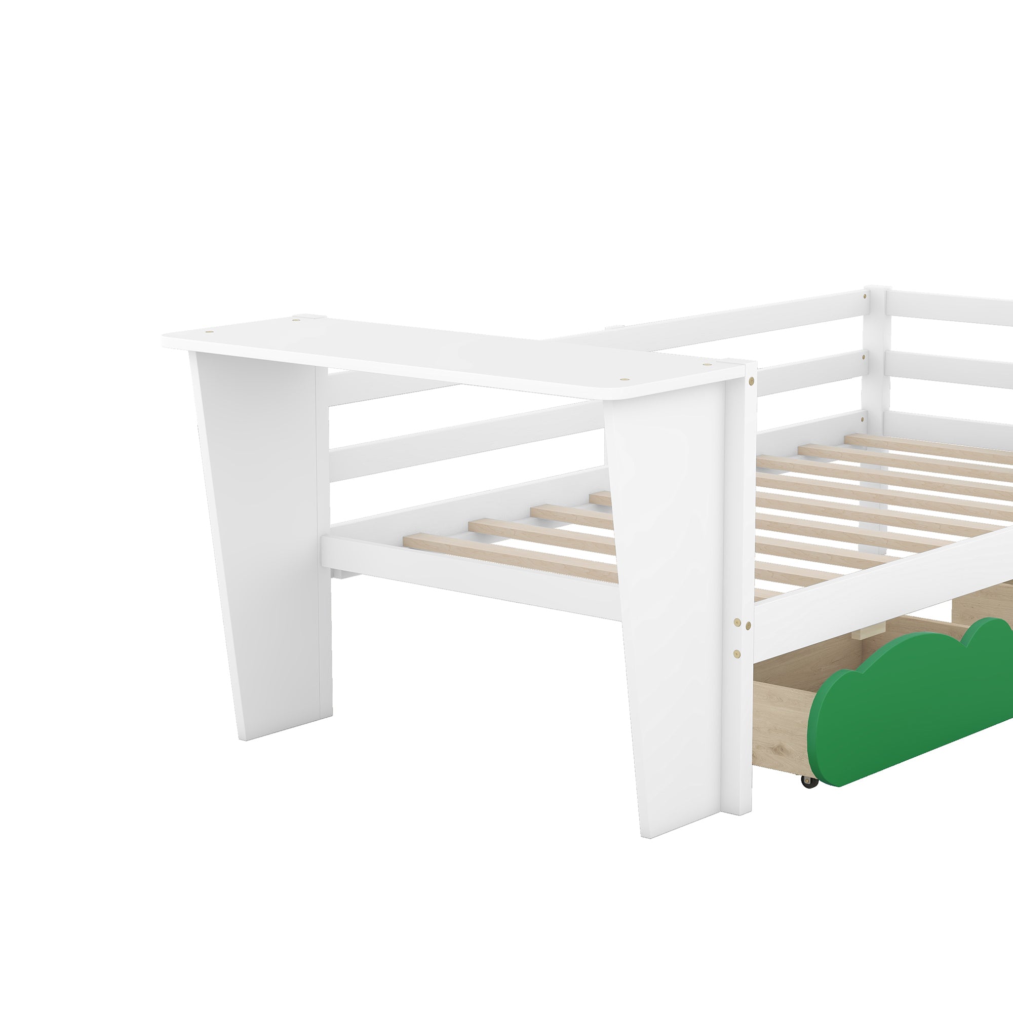 Twin Size Daybed with Desk, Green Leaf Shape Drawers and Shelves, White - Atlantic Fine Furniture Melbourne FL