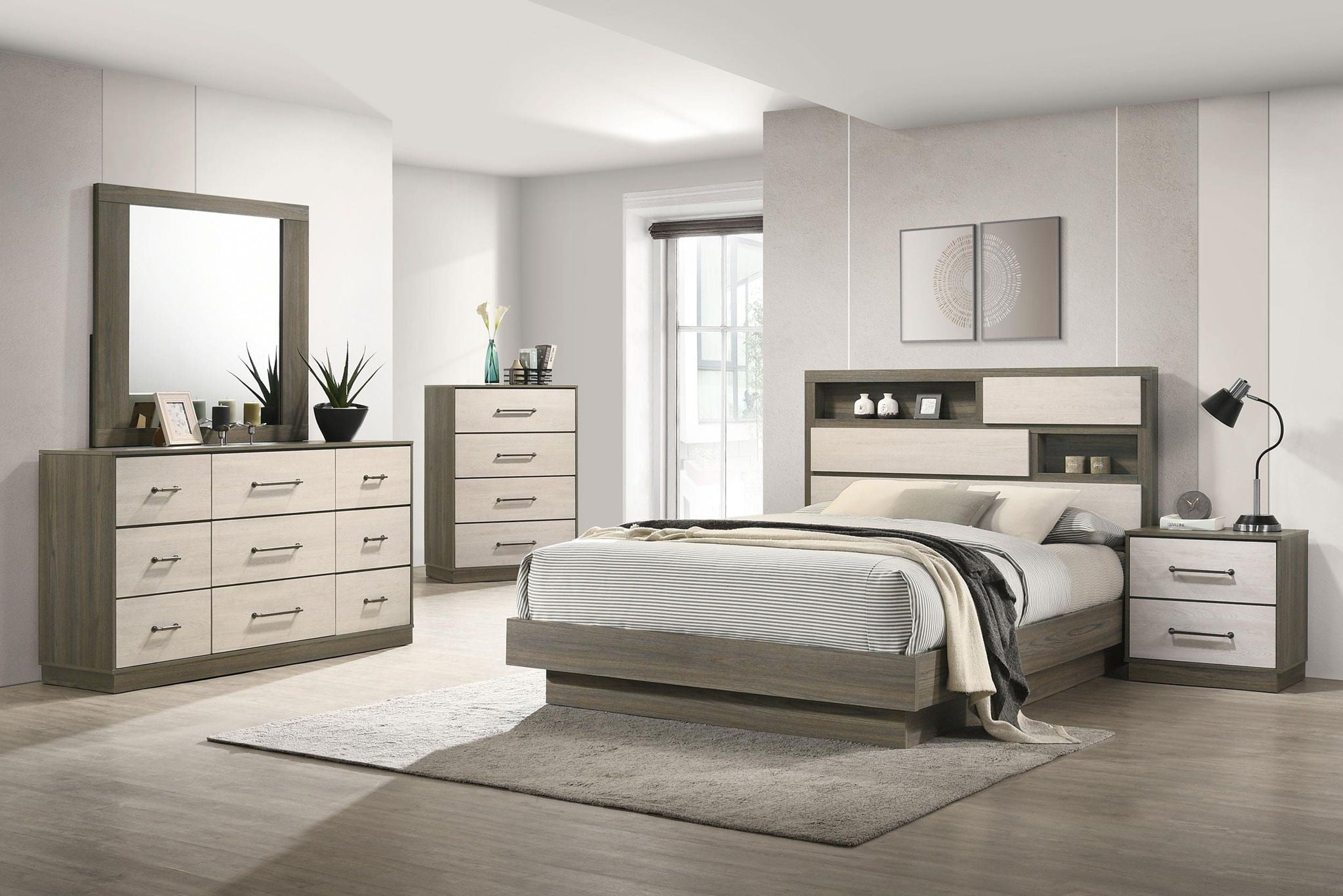 Fenwick Queen Bed Bookcase Headboard Grey Oak