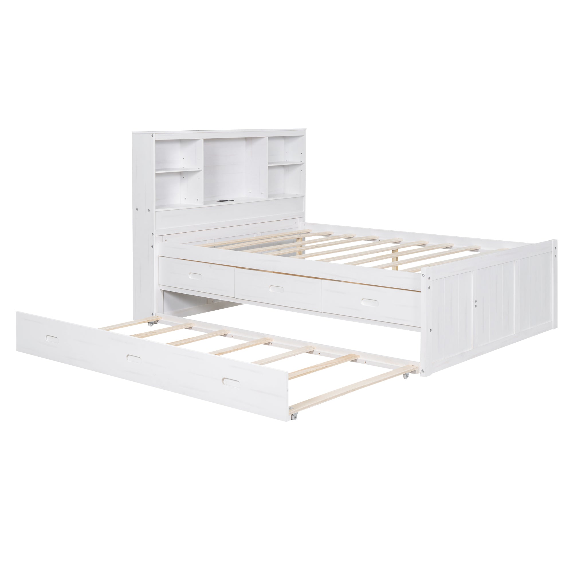 Full Size Platform Bed with Storage Headboard, Charging Station, Twin Size Trundle and 3 Drawers, Antique White - Atlantic Fine Furniture Melbourne FL