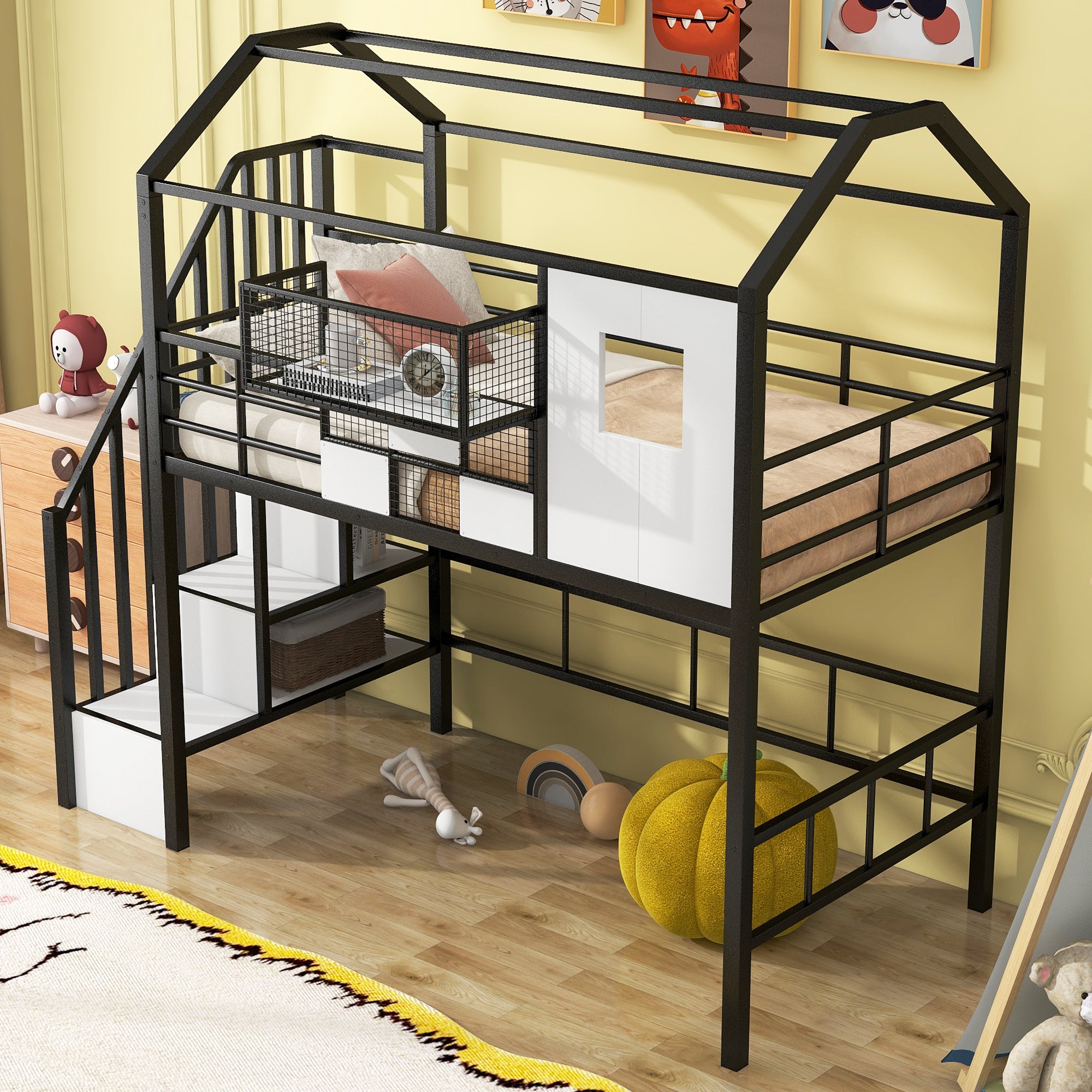 Metal Loft Bed with roof design and a storage box, Twin, Black - Atlantic Fine Furniture Melbourne FL