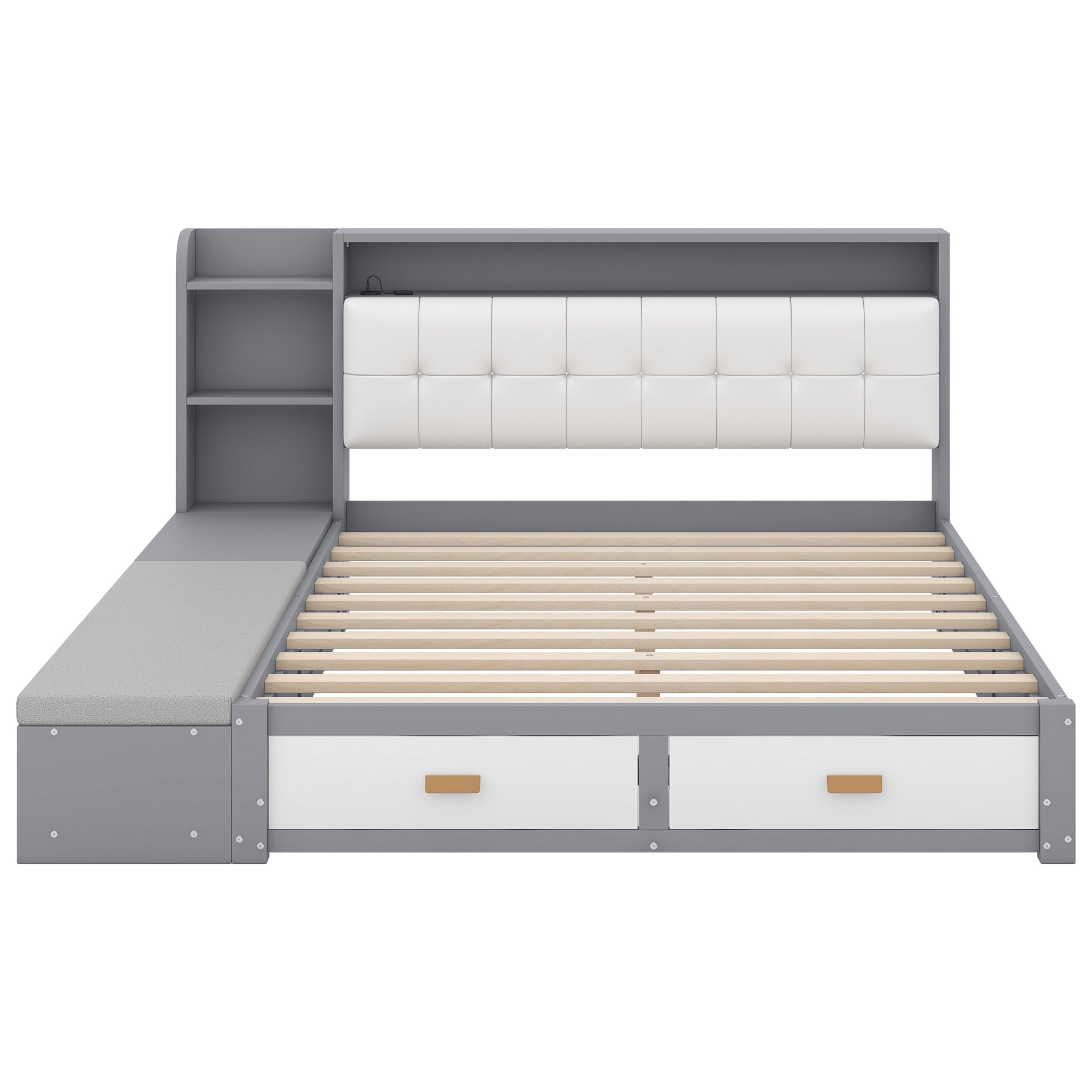 Queen Size Low Profile Platform Bed Frame with Upholstery Headboard and Storage Shelves and Drawers,USB Charging Design,Gray - Atlantic Fine Furniture Melbourne FL