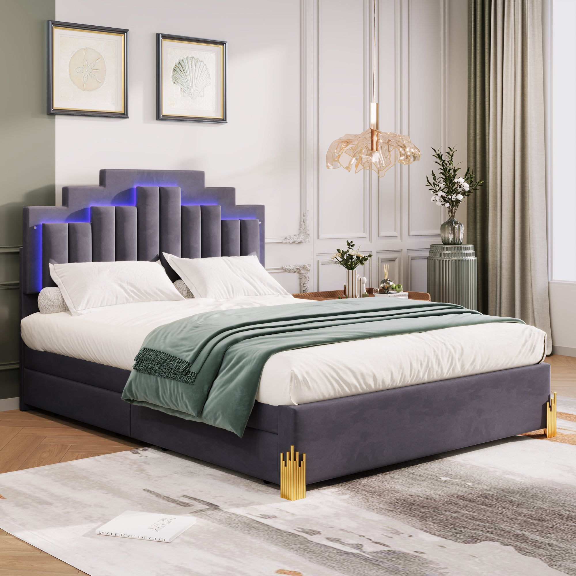 Queen Size Upholstered Platform Bed with LED Lights and 4 Drawers, Stylish Irregular Metal Bed Legs Design, Gray - Atlantic Fine Furniture Melbourne FL