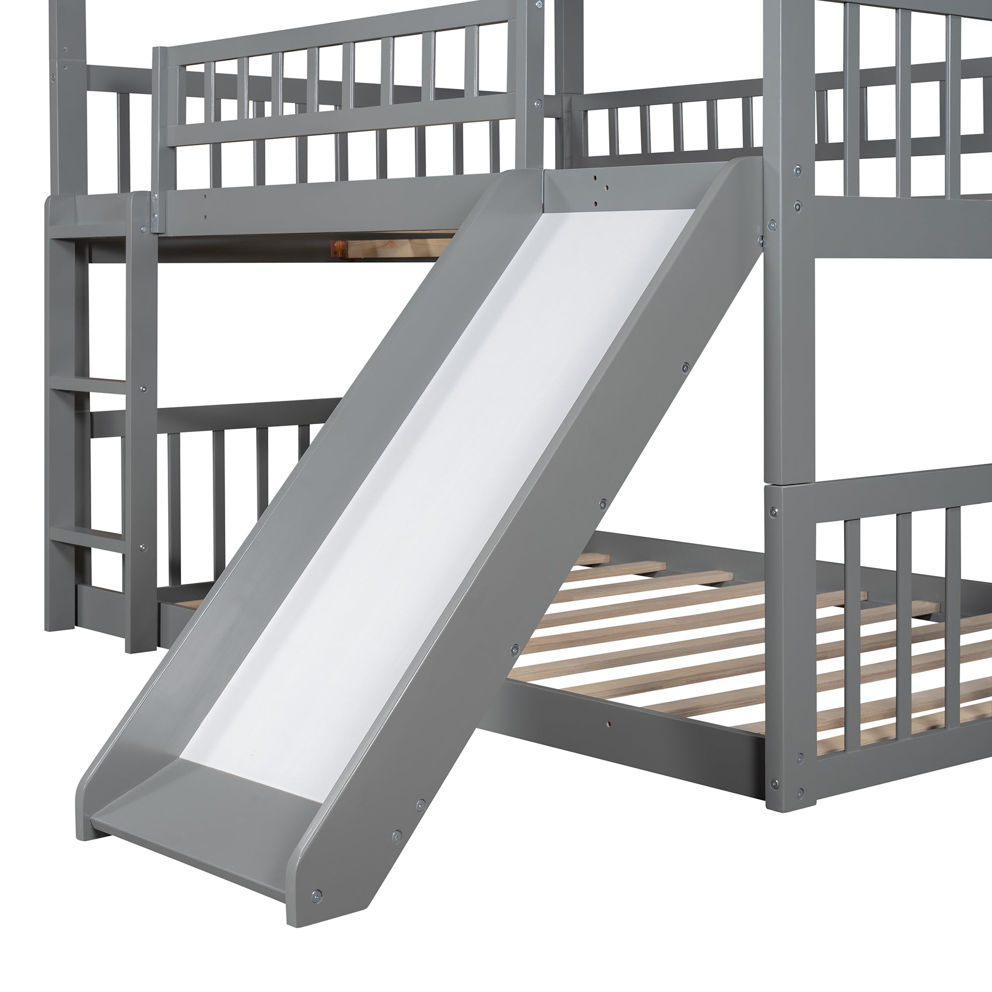 Full-Over-Full-Over-Full Triple Bed with Built-in Ladder and Slide , Triple Bunk Bed with Guardrails, Gray(OLD SKU :LP000052AAE) - Atlantic Fine Furniture Melbourne FL