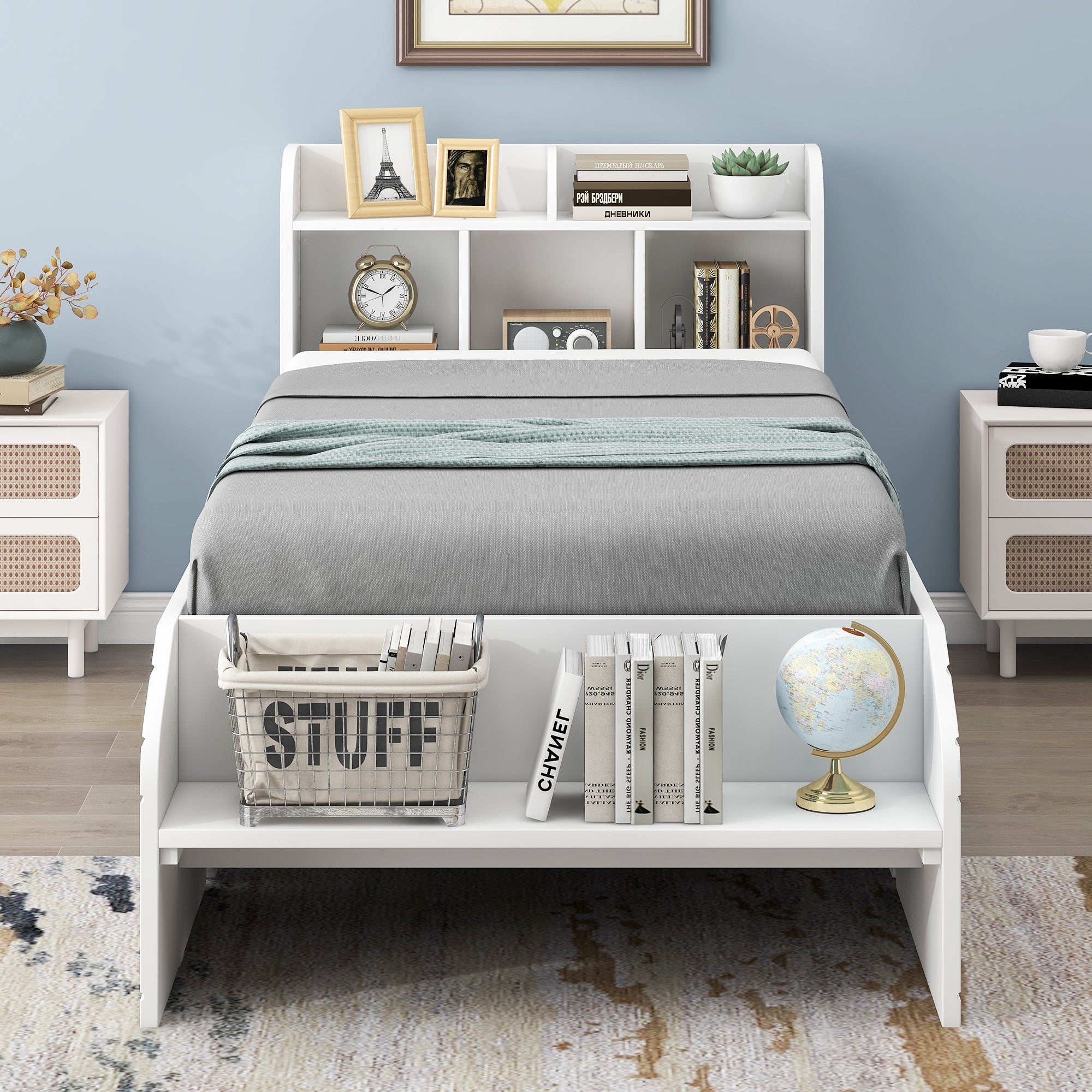 Wood Twin Size Platform Bed with 2 Drawers, Storage Headboard and Footboard, White - Atlantic Fine Furniture Melbourne FL