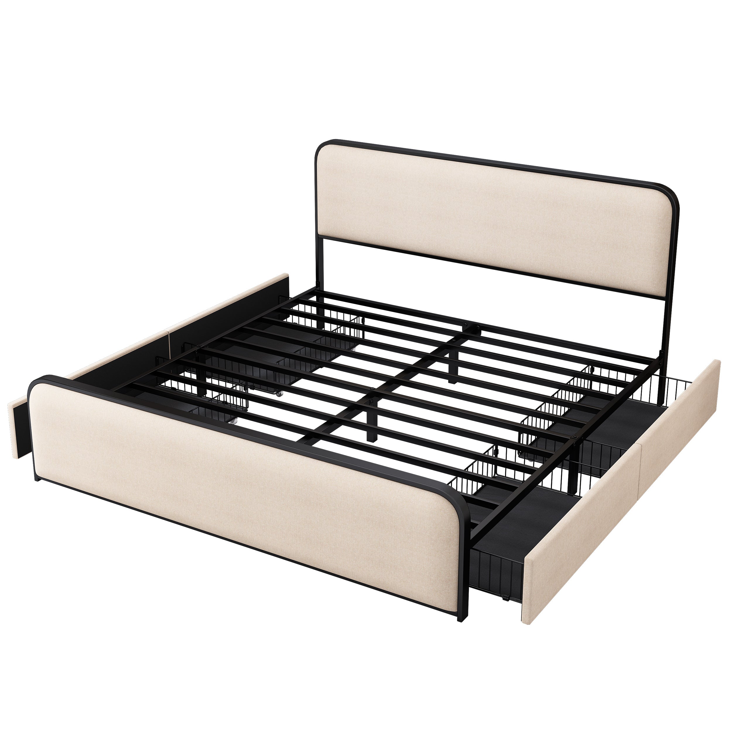Modern Metal Bed Frame with Curved Upholstered Headboard and Footboard Bed with 4 Storage Drawers, Heavy Duty Metal Slats, King Size, Beige - Atlantic Fine Furniture Melbourne FL