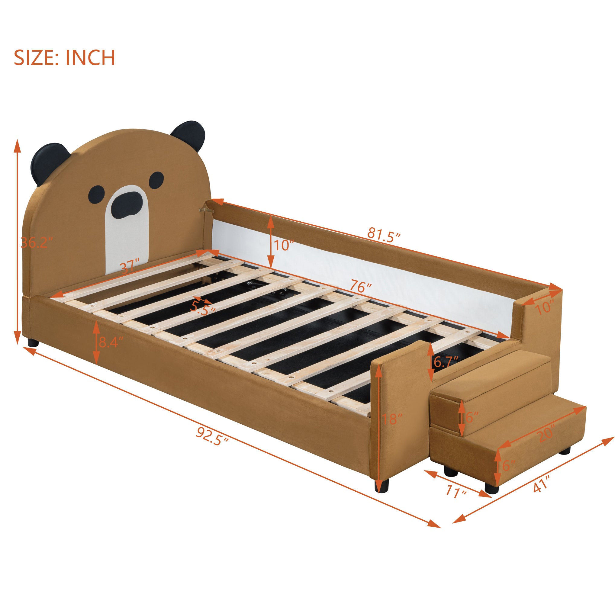 Twin Size Upholstered Daybed with Bear Shaped Headboard, Hydraulic System and Breathable Mesh Fence, Brown - Atlantic Fine Furniture Melbourne FL