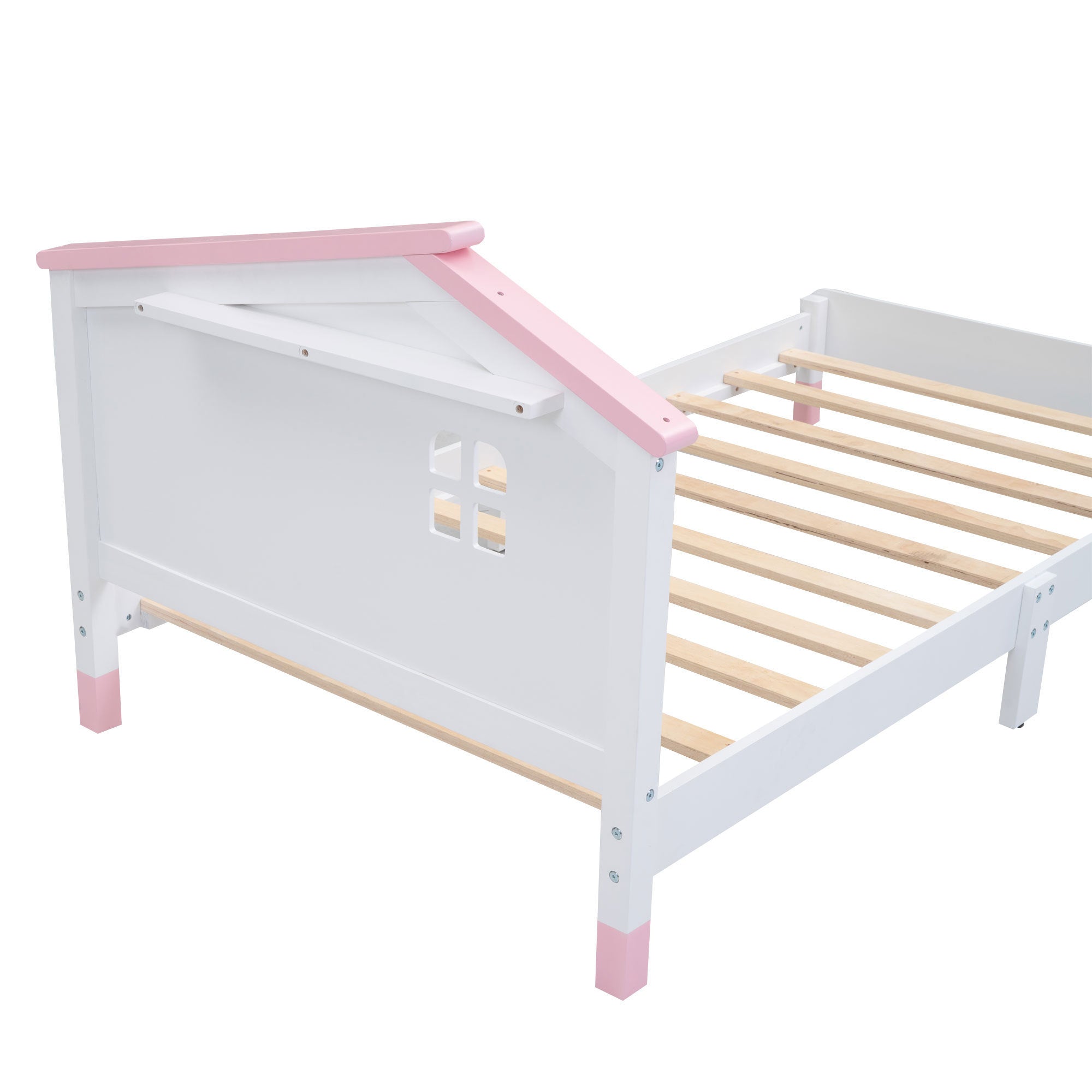 Twin Size Wood Platform Bed with House-shaped Headboard (White+Pink)