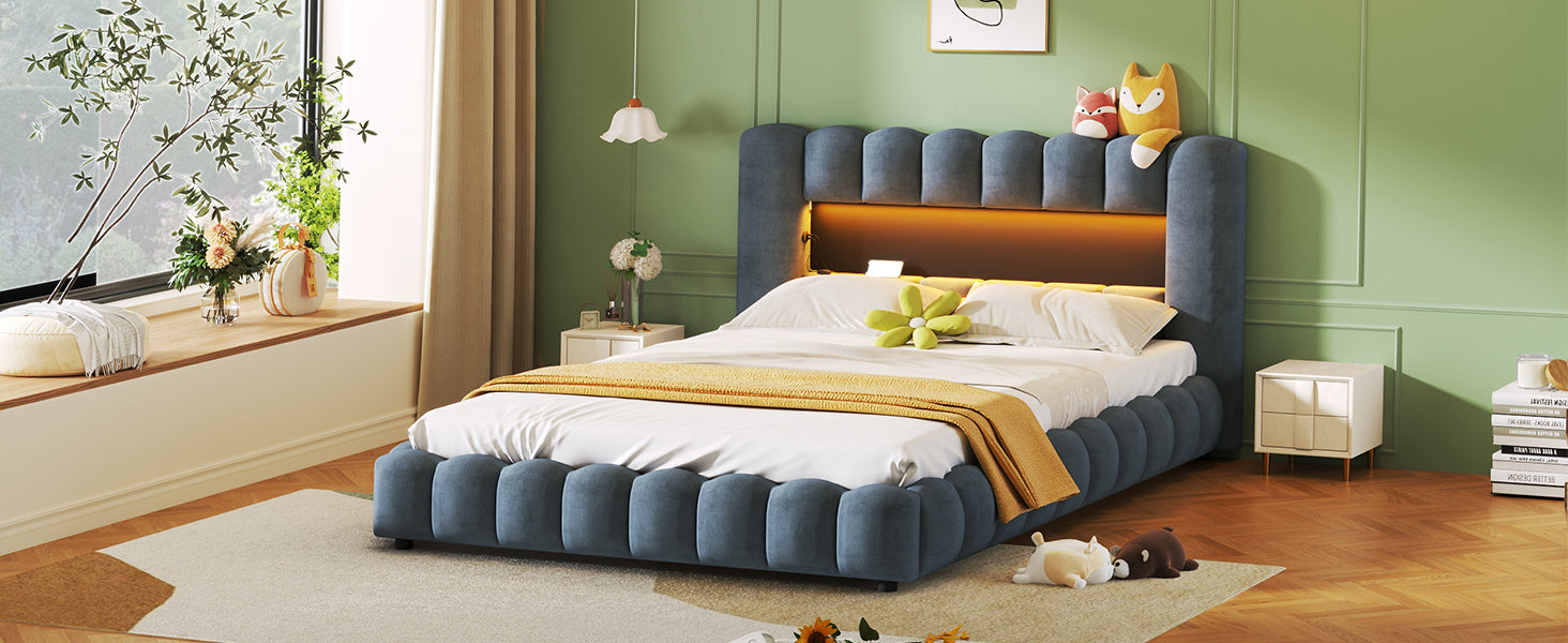 Queen Size Upholstered Platform Bed with LED Headboard and USB, Deep Blue - Atlantic Fine Furniture Melbourne FL