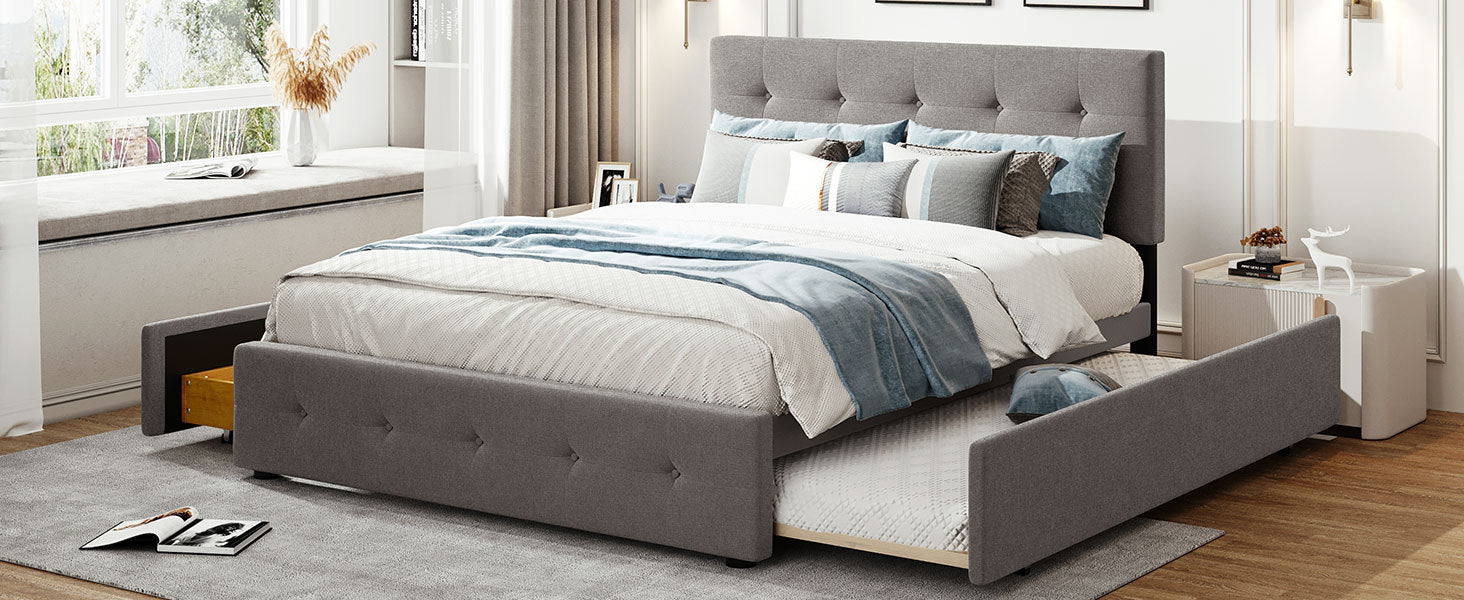 Upholstered Platform Bed with 2 Drawers and 1 Twin XL Trundle, Linen Fabric, Queen Size - Light Gray(OLD SKU :LP000314AAN)