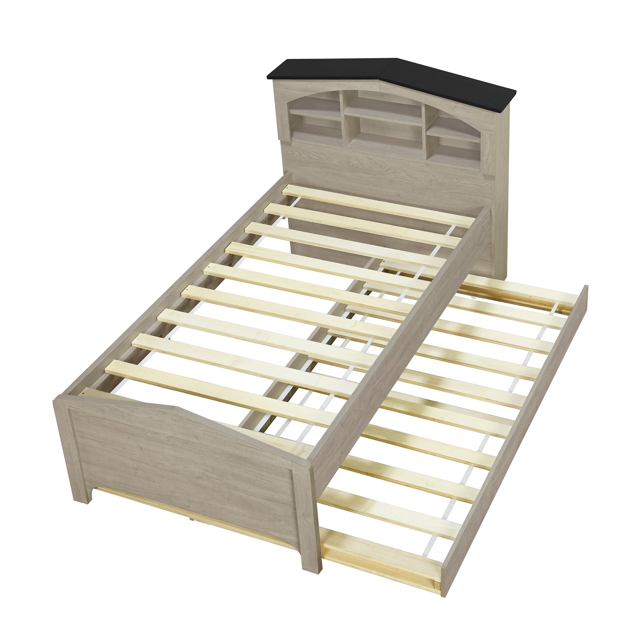 Twin Size Wood Platform Bed with House-shaped Storage Headboard and Trundle, Gray - Atlantic Fine Furniture Melbourne FL