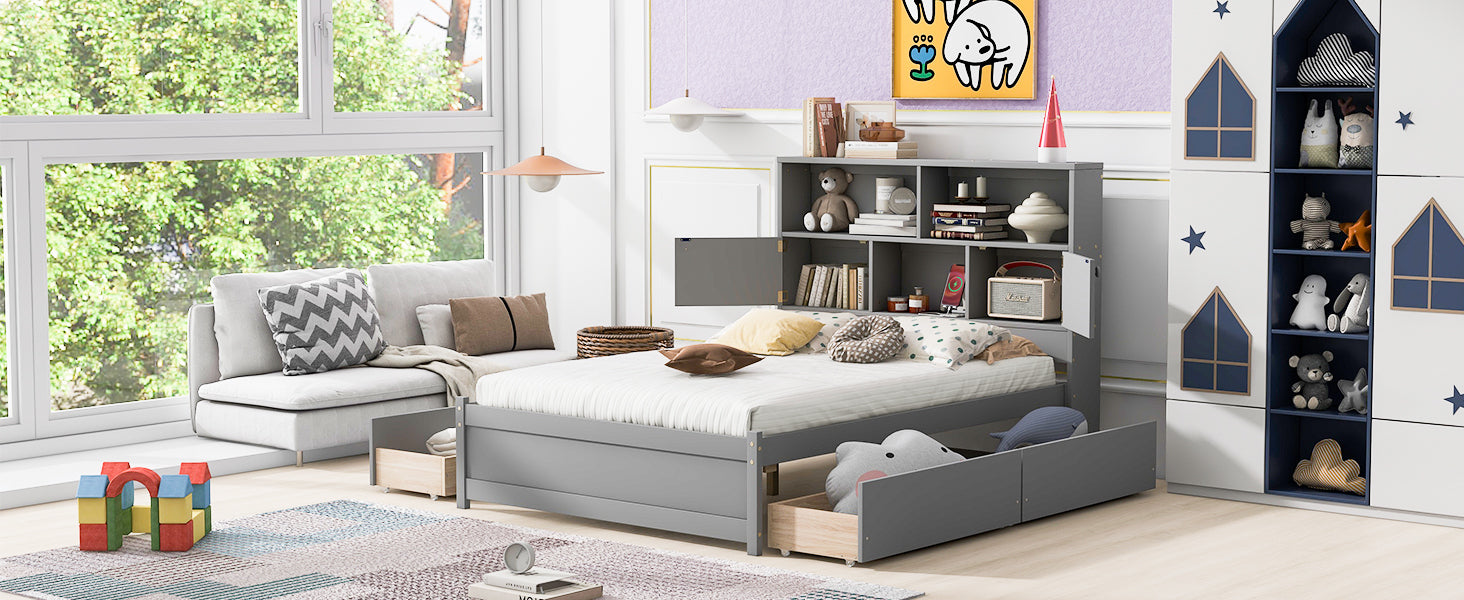 Full Size Platform Bed with Storage Headboard, Charging Station and 4 Drawers, Gray - Atlantic Fine Furniture Melbourne FL