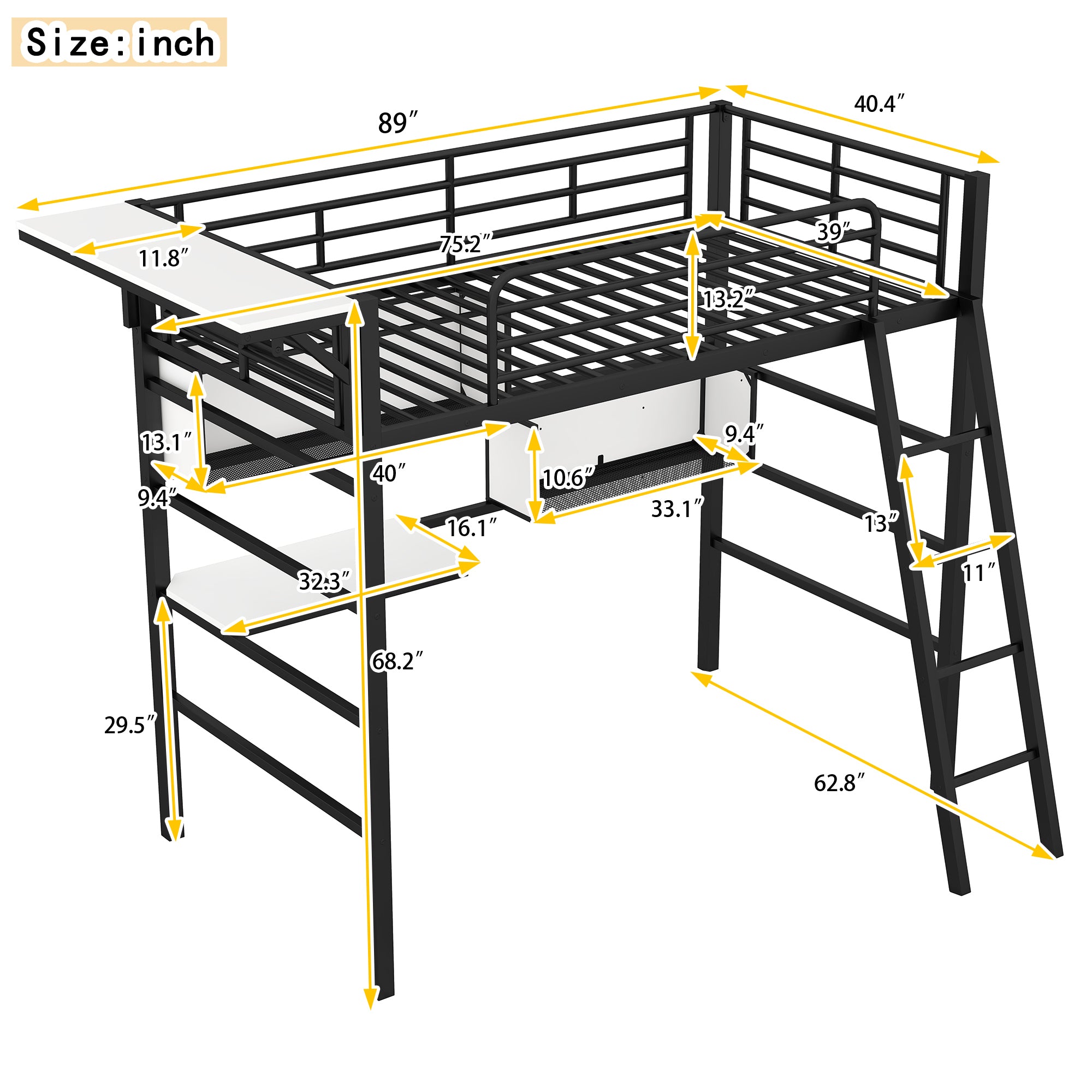 Twin Size Metal Loft Bed with 2 Shelves, a desk and a Hanging Clothes Rack, Black and White - Atlantic Fine Furniture Melbourne FL