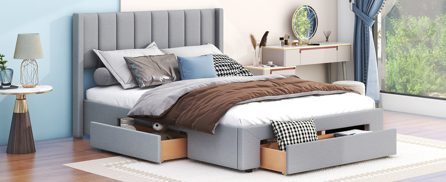 Queen Size Upholstered Platform Bed with One Large Drawer in the Footboard and Drawer on Each Side,Gray - Atlantic Fine Furniture Melbourne FL