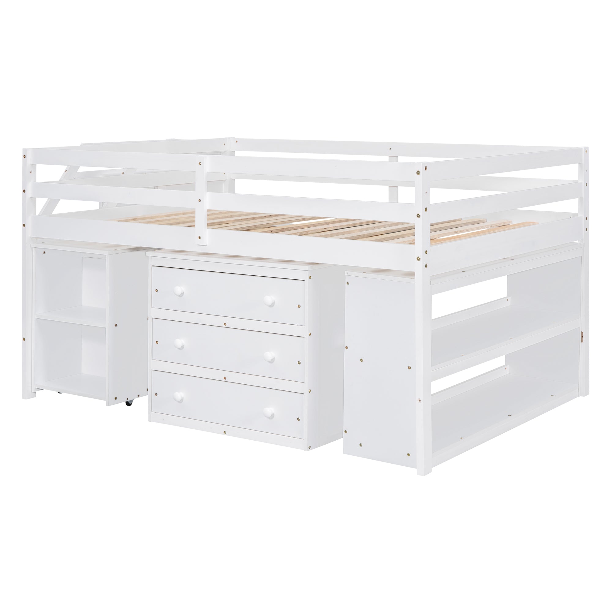 Full Size Loft Bed with Retractable Writing Desk and 3 Drawers, Wooden Loft Bed with Storage Stairs and Shelves, White - Atlantic Fine Furniture Melbourne FL