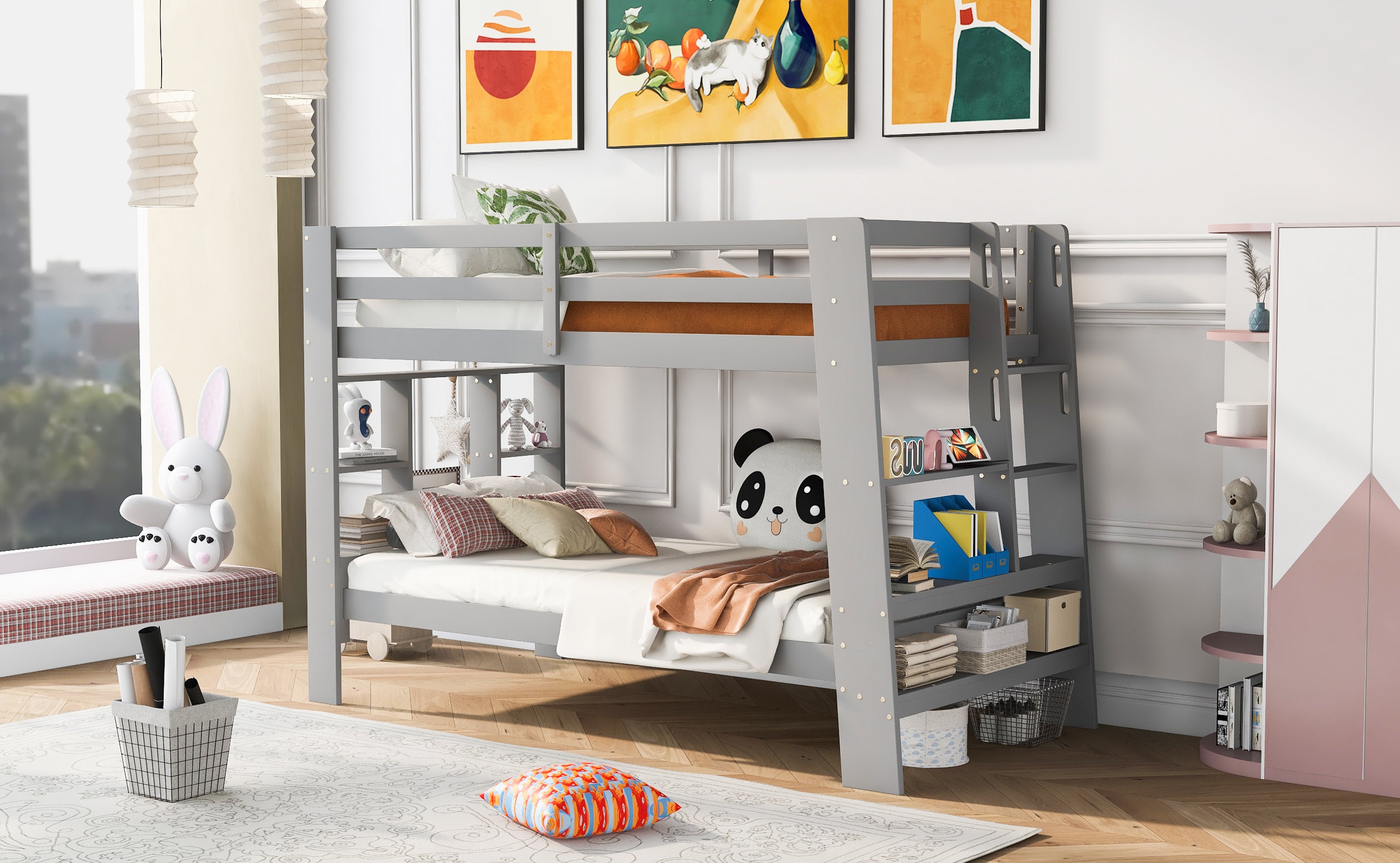 Twin over Twin Bunk Bed with Shelves and Built-in Ladder, Gray - Atlantic Fine Furniture Melbourne FL