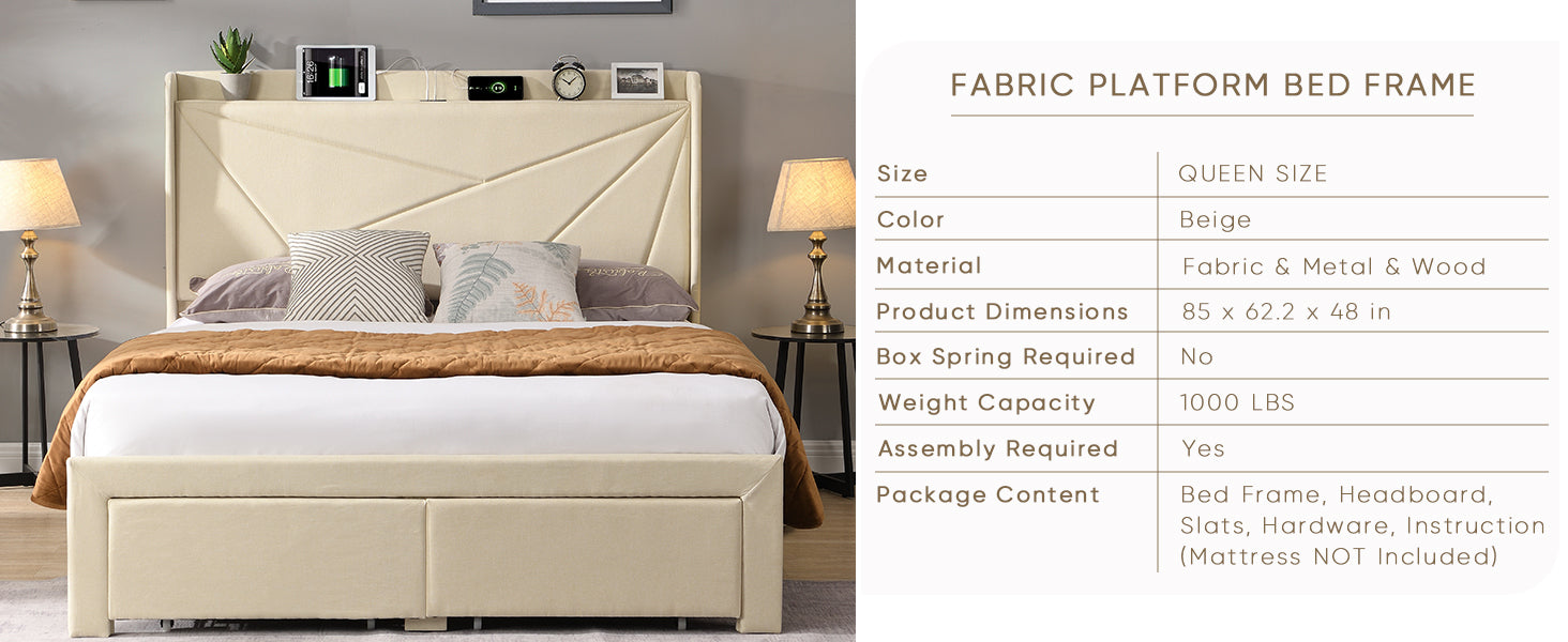 Queen Size Bed Frame with 2 Storage Drawers, Upholstered Bed Frame with Wingback Headboard Storage Shelf Built-in USB Charging Stations and Strong Wood Slats Support, No Box Spring Needed, Beige