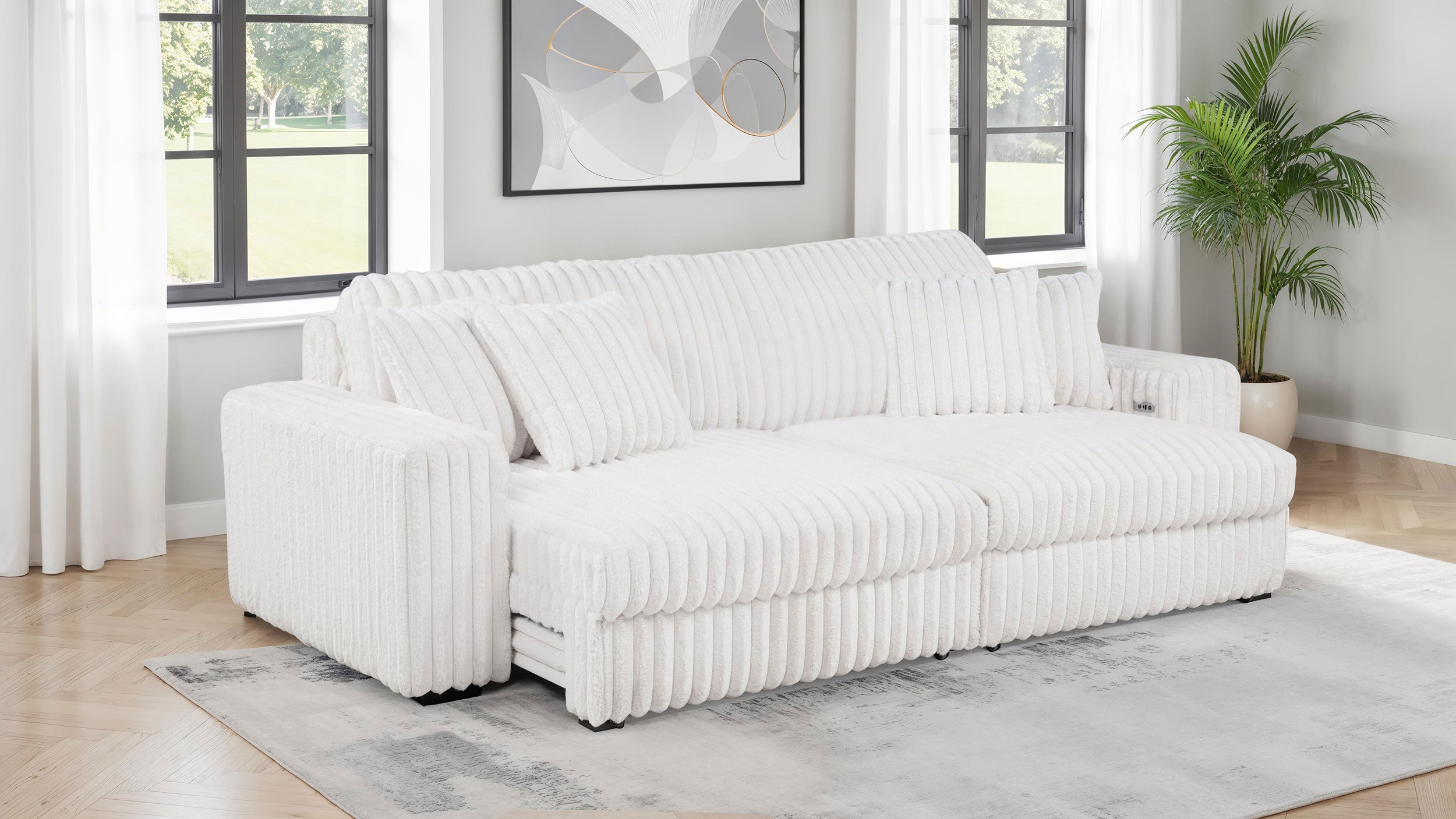 Jacana Corduroy Upholstered Dual Power Chaise Sofa Ivory — view 3