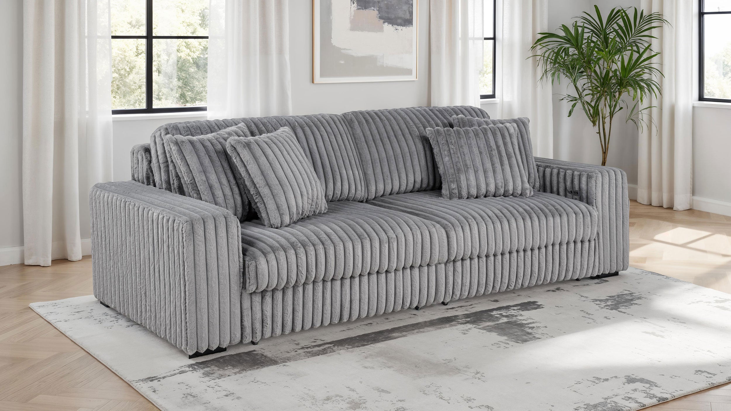 Jacana Corduroy Upholstered Dual Power Chaise Sofa Grey — view 2