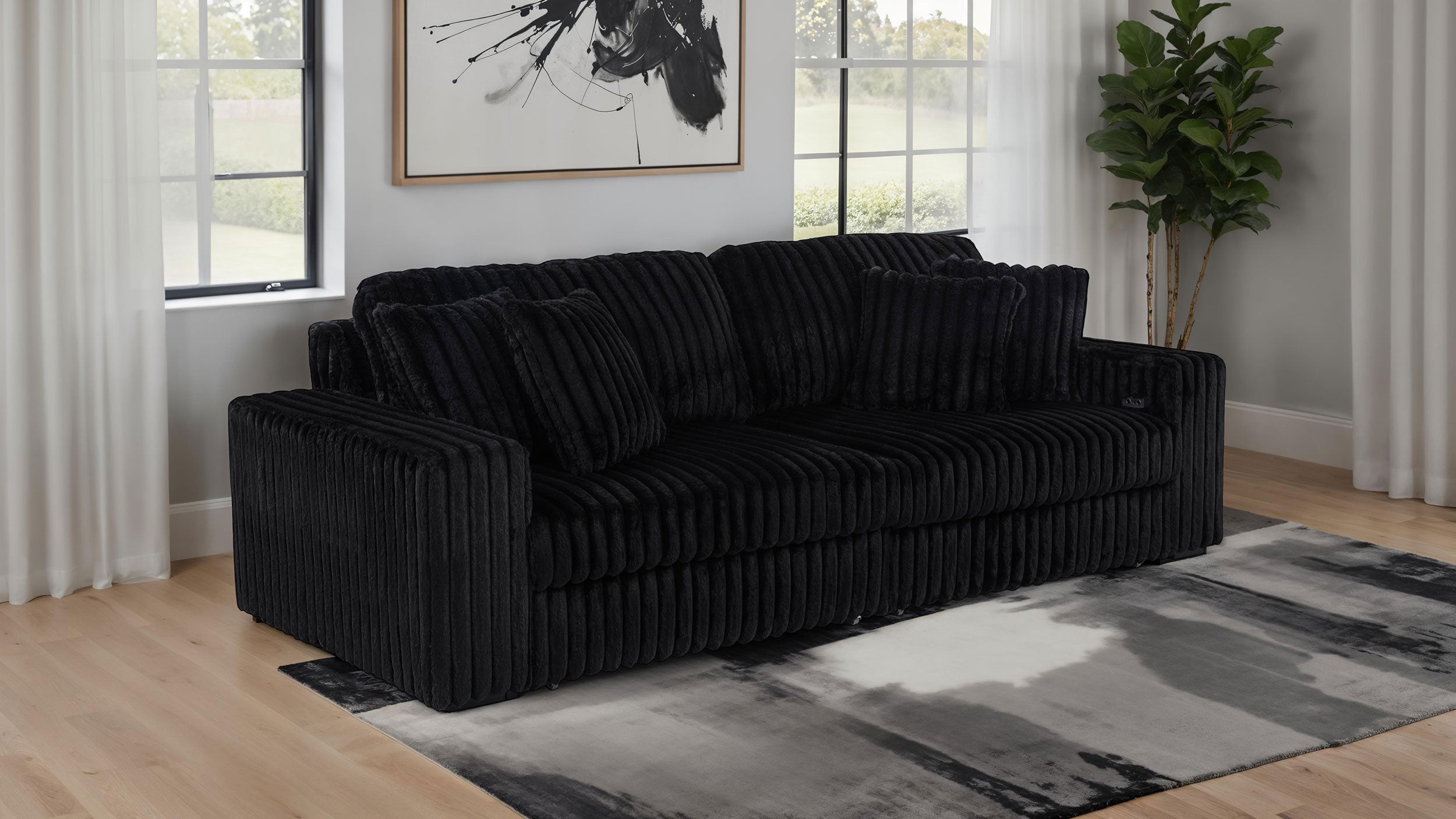 Jacana Corduroy Upholstered Dual Power Chaise Sofa Black — view 2