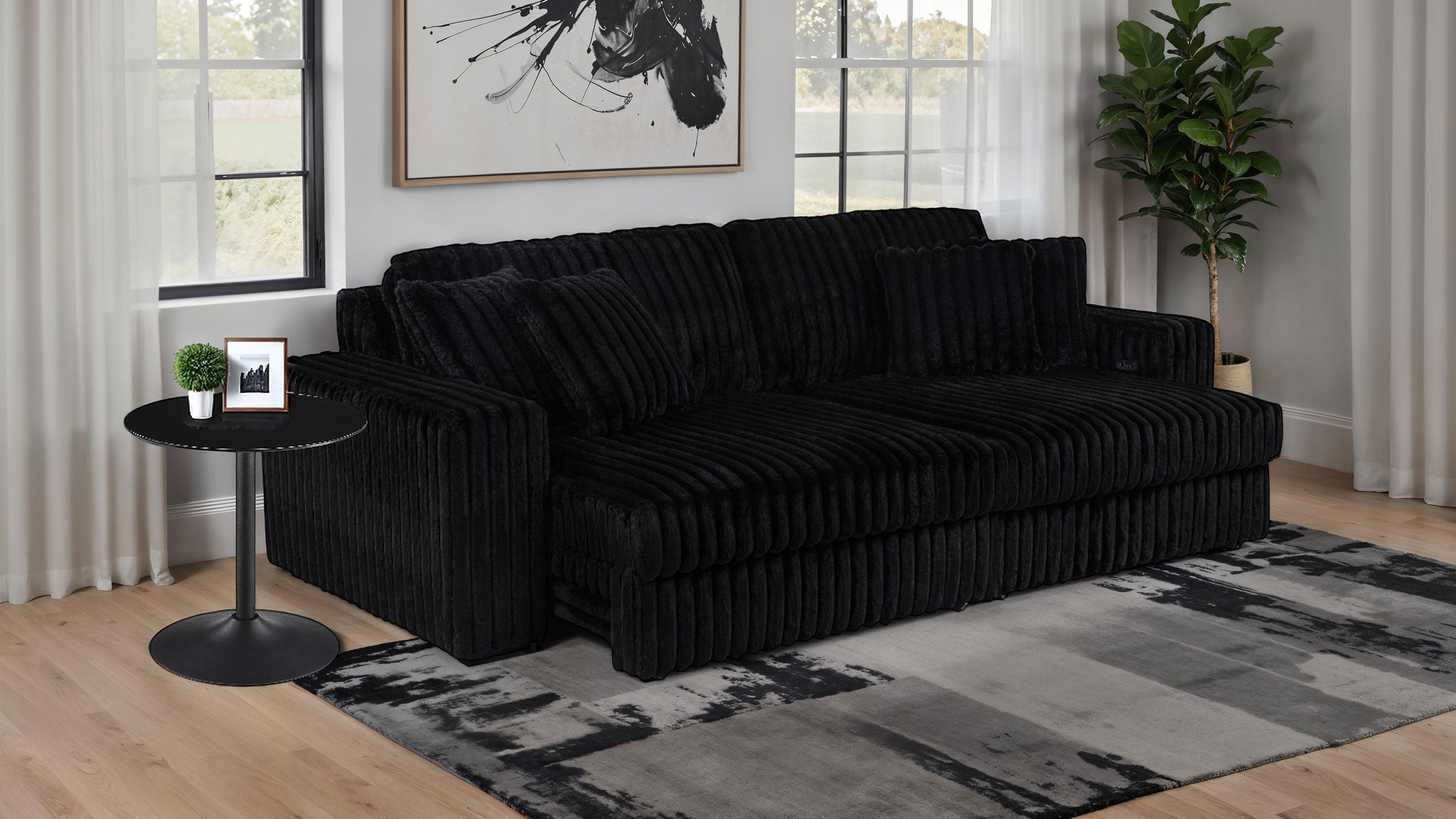 Jacana Corduroy Upholstered Dual Power Chaise Sofa Black — view 3