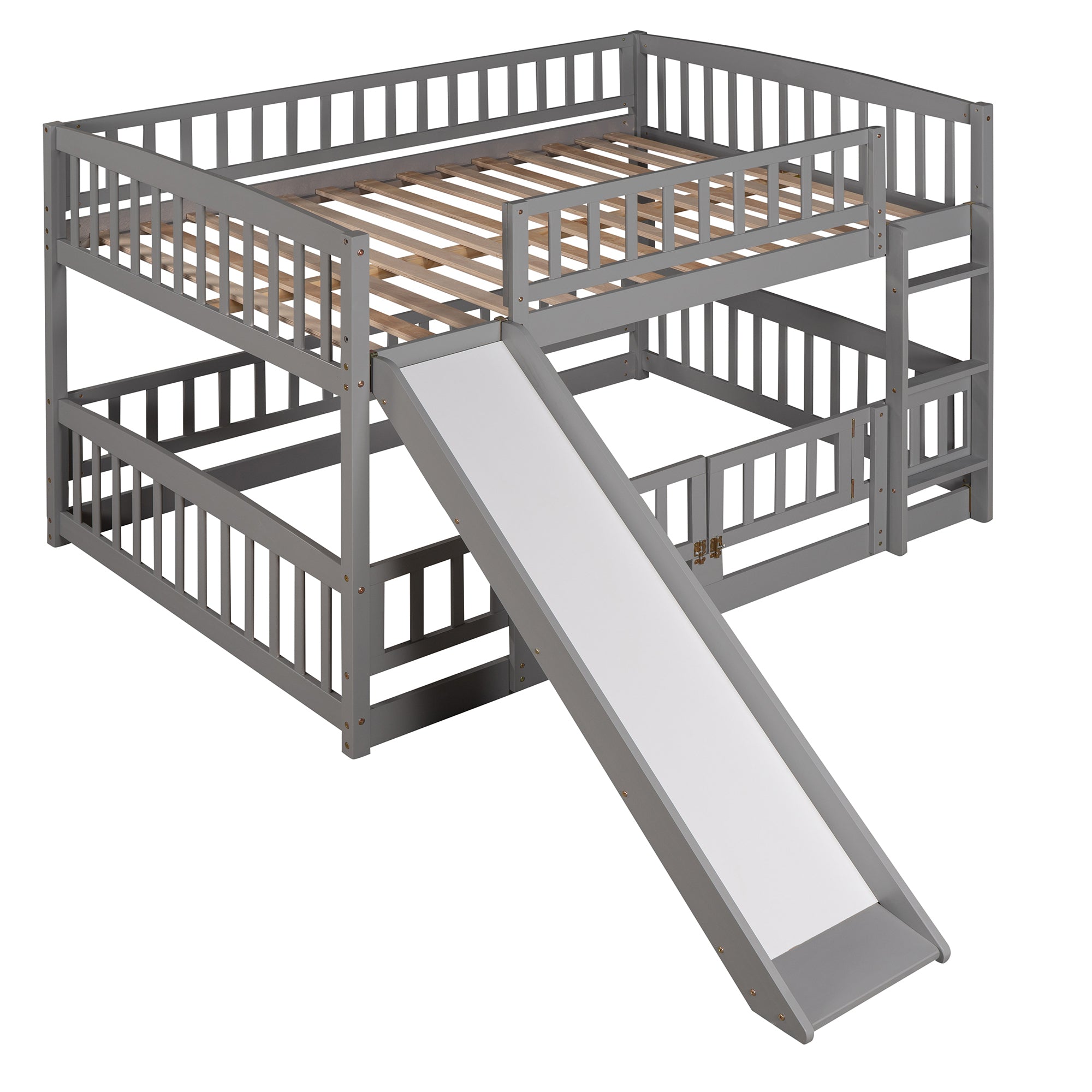 Bunk Bed with Slide,Full Over Full Low Bunk Bed with Fence and Ladder for Toddler Kids Teens Gray - Atlantic Fine Furniture Melbourne FL