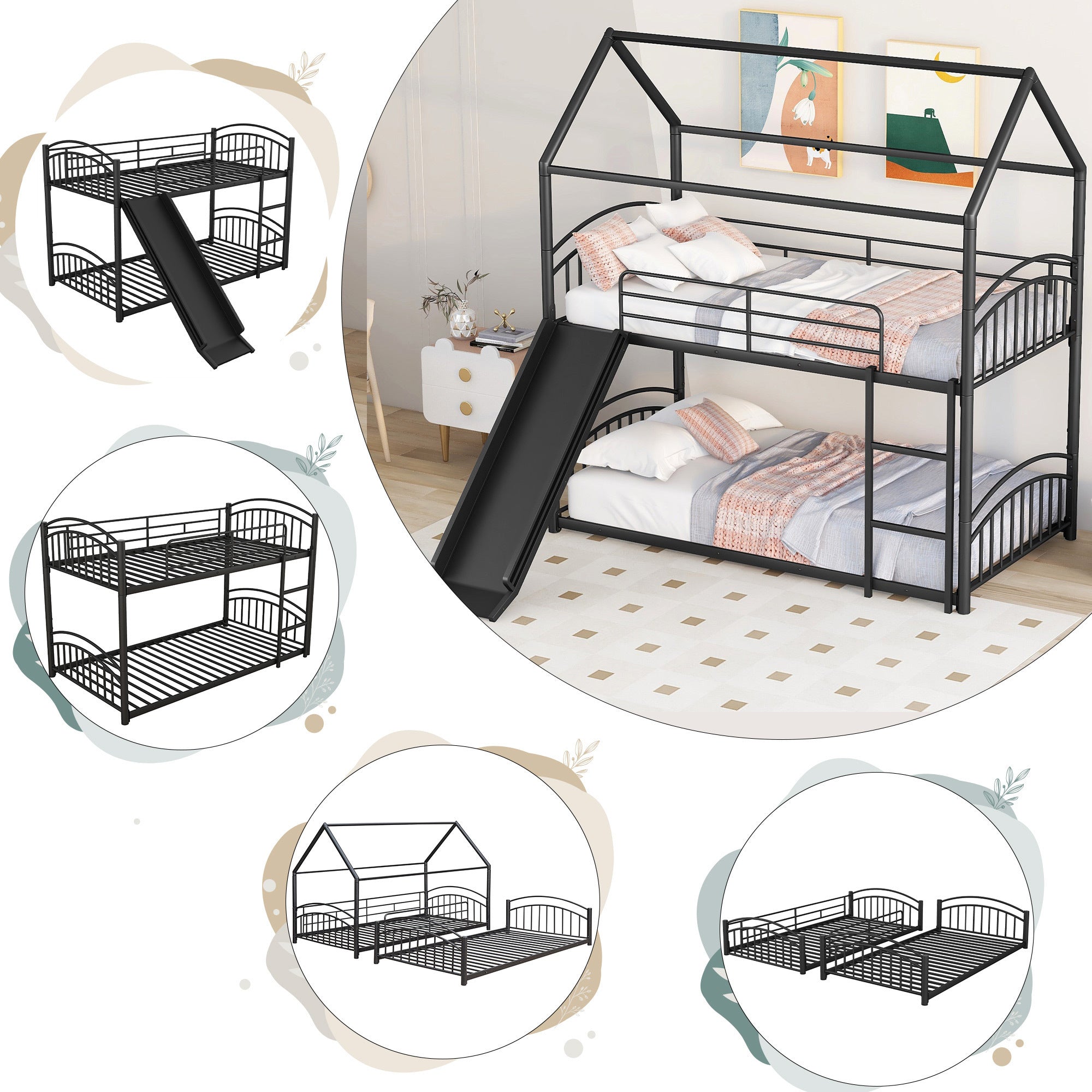 Twin Over Twin Metal Bunk Bed With Slide,Kids House Bed Black - Atlantic Fine Furniture Melbourne FL