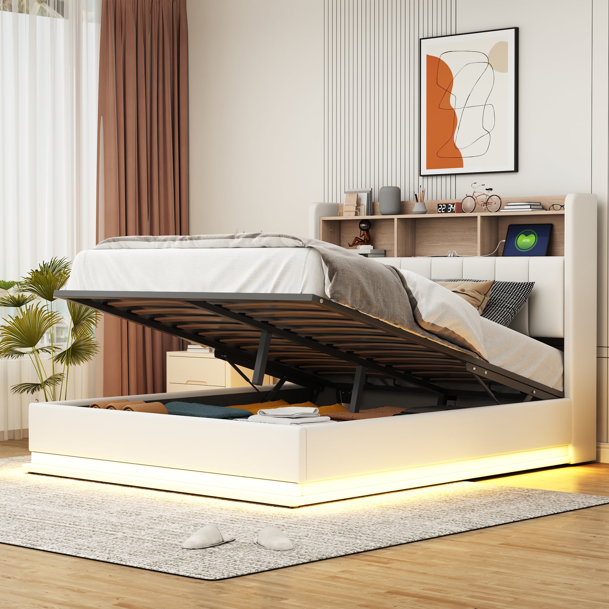 Queen Size Upholstered Platform Bed with Storage Headboard and Hydraulic Storage System, PU Storage Bed with LED Lights and USB charger, White - Atlantic Fine Furniture Melbourne FL