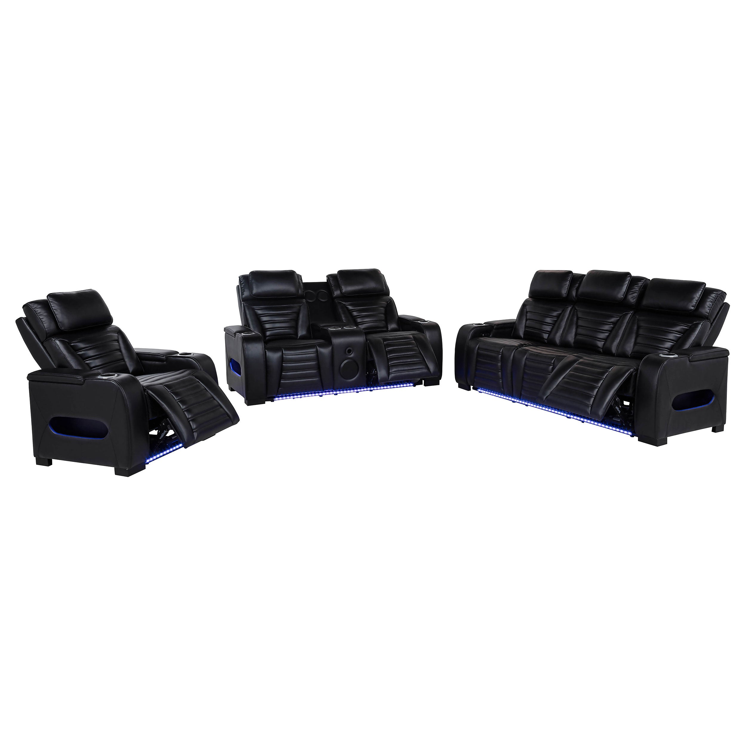 Zuma 3-piece Faux Leather Dual Power LED Sofa Set Black — view 4