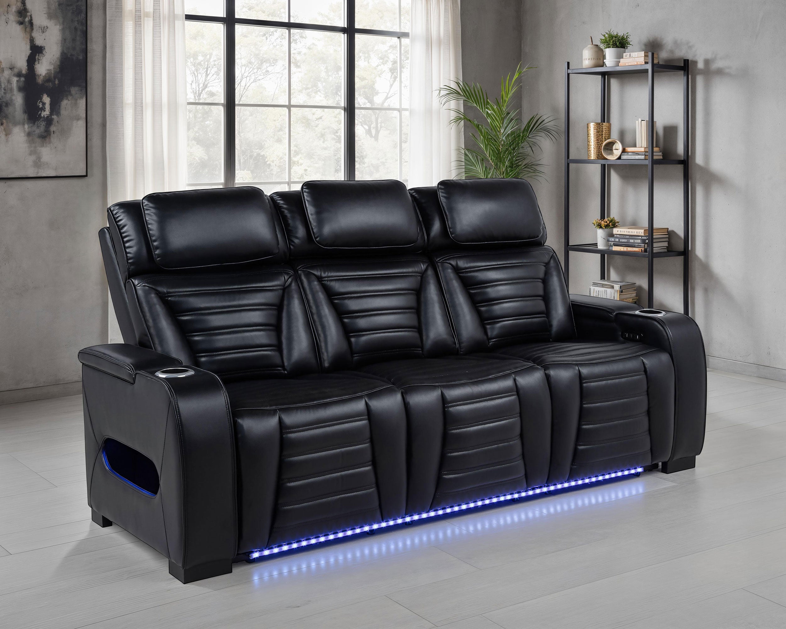 Zuma Faux Leather Dual Power Reclining LED Sofa Black — view 2