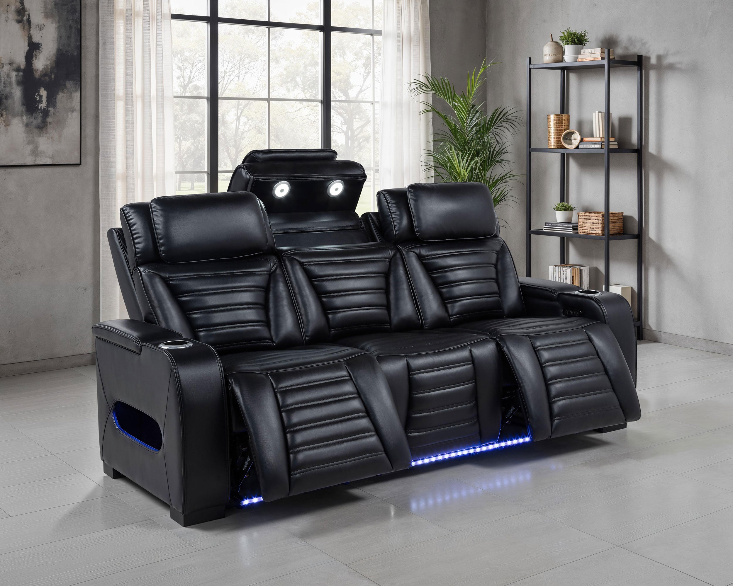 Zuma Faux Leather Dual Power Reclining LED Sofa Black — view 3