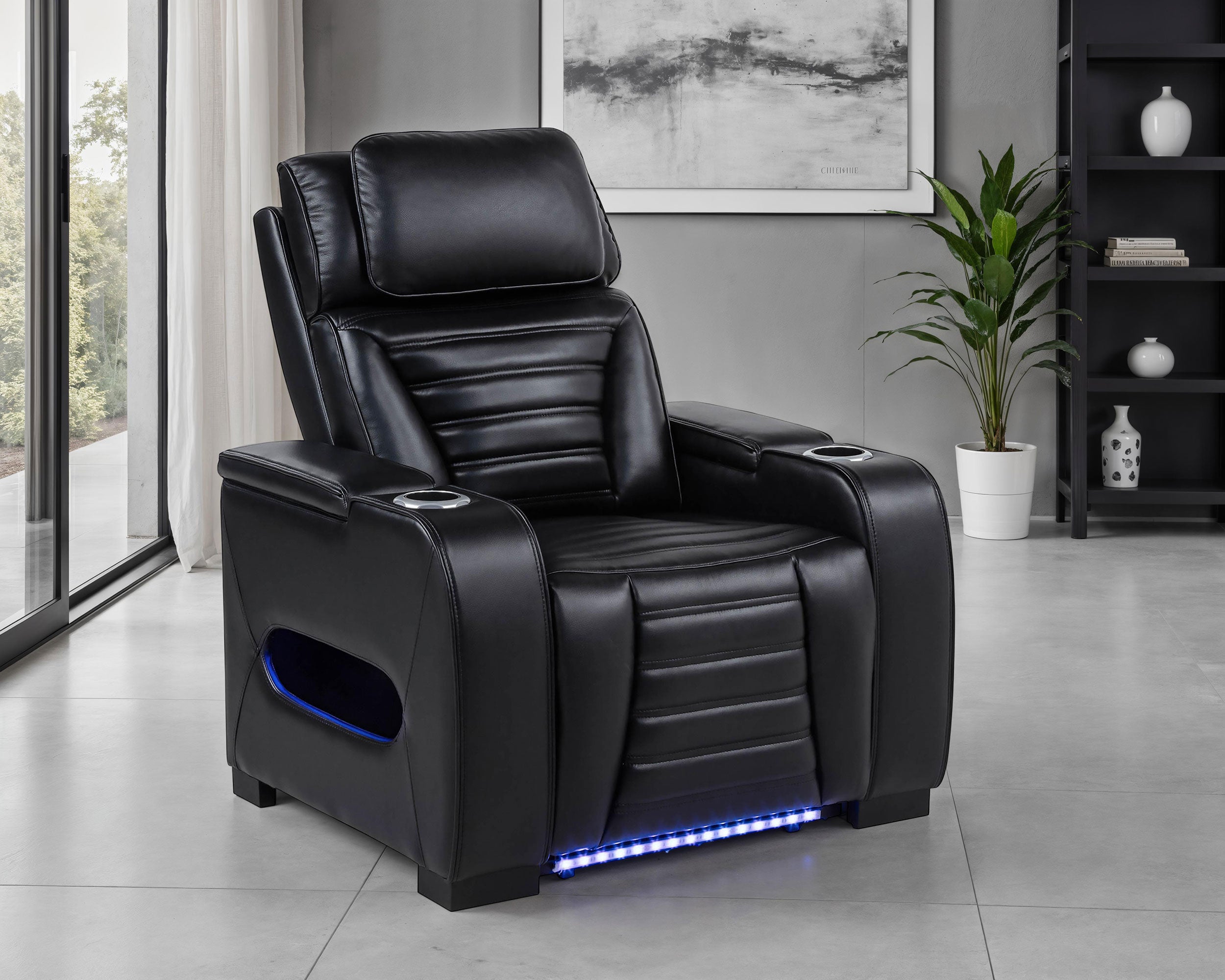 Zuma Faux Leather Upholstered Dual Power LED Recliner Black — view 2