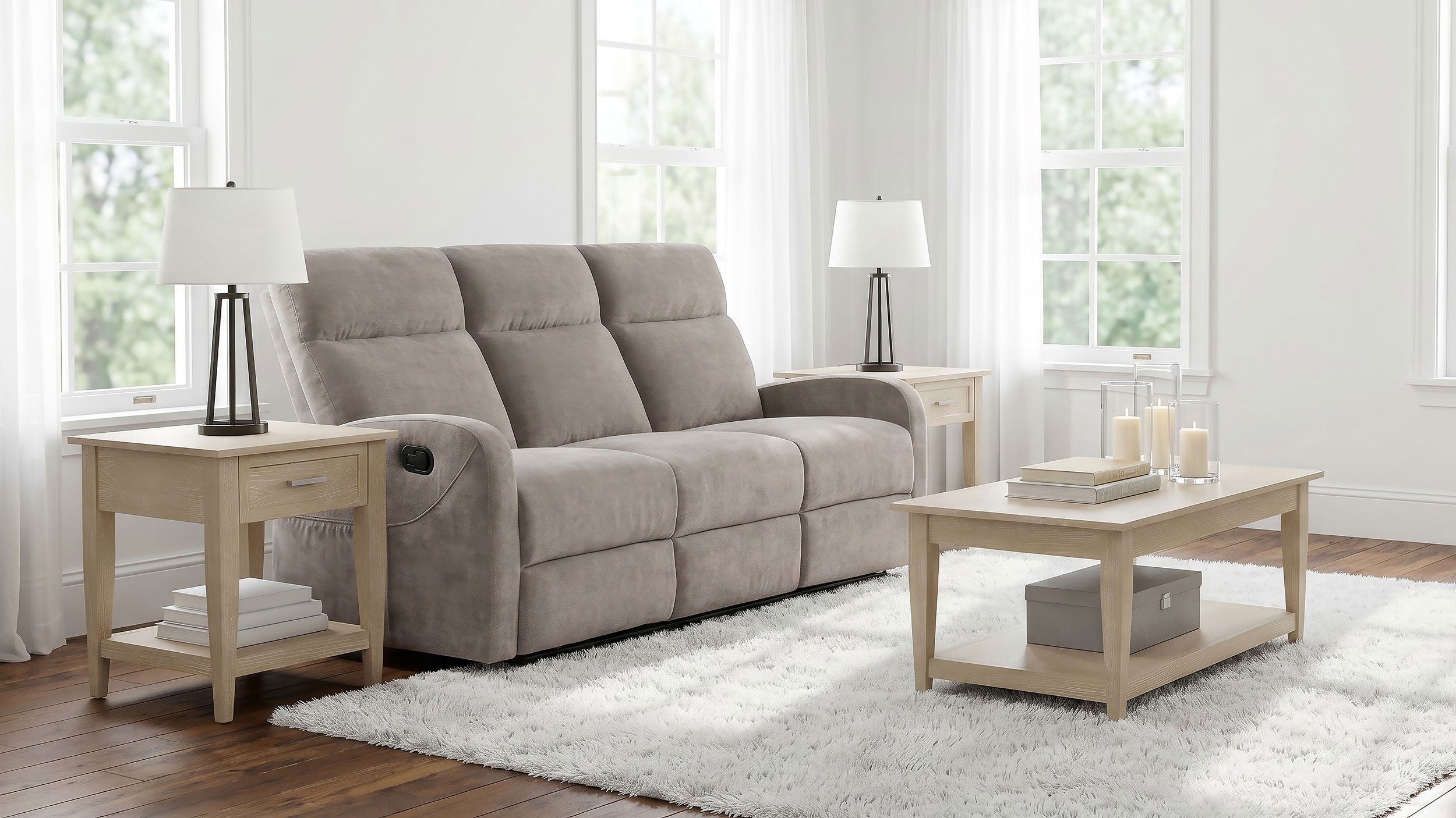 Hamilton Chenille Upholstered Manual Reclining Sofa Sand — view 2