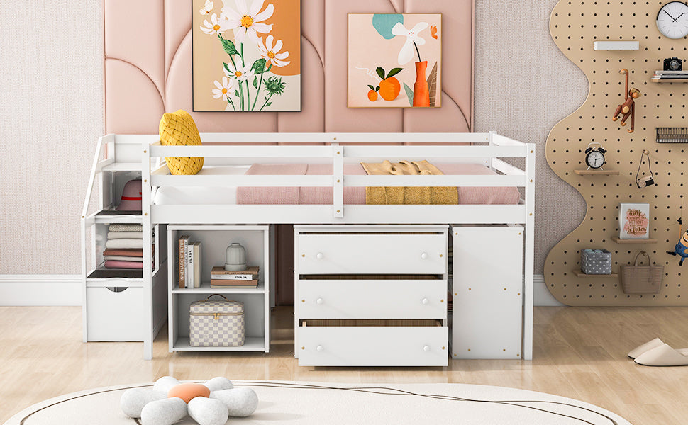 Full Size Loft Bed with Retractable Writing Desk and 3 Drawers, Wooden Loft Bed with Storage Stairs and Shelves, White - Atlantic Fine Furniture Melbourne FL
