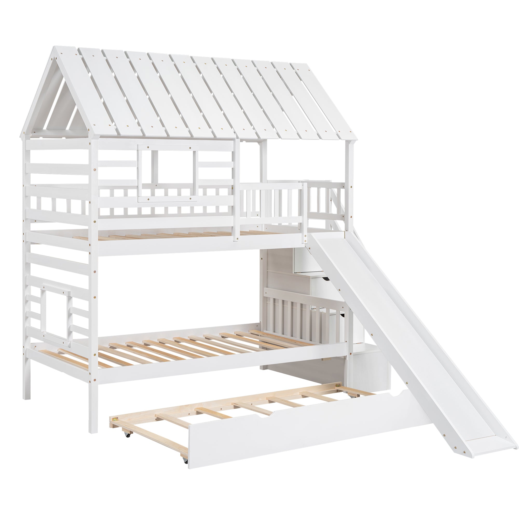 Twin over Twin House Bunk Bed with Trundle and Slide, Storage Staircase, Roof and Window Design, White(Old SKU: GX000931AAK) - Atlantic Fine Furniture Melbourne FL