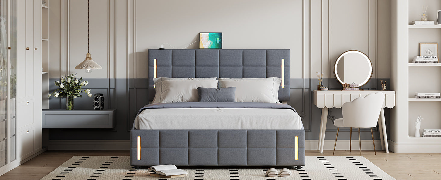Queen Size Upholstered Bed with Hydraulic Storage System and LED Light, Gray - Atlantic Fine Furniture Melbourne FL
