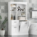 Bathroom Storage Cabinet With Tilt Out Hamper, Tall Free Standing Organizer With Drawers & Adjustable Shelves, Linen Tower With Steel Handles - White