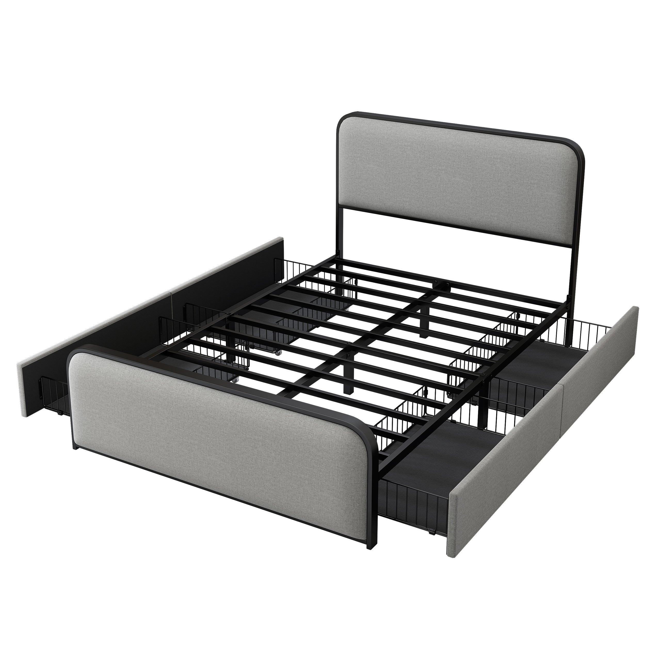 Modern Metal Bed Frame with Curved Upholstered Headboard and Footboard Bed with 4 Storage Drawers, Heavy Duty Metal Slats, Full Size, Grey - Atlantic Fine Furniture Melbourne FL
