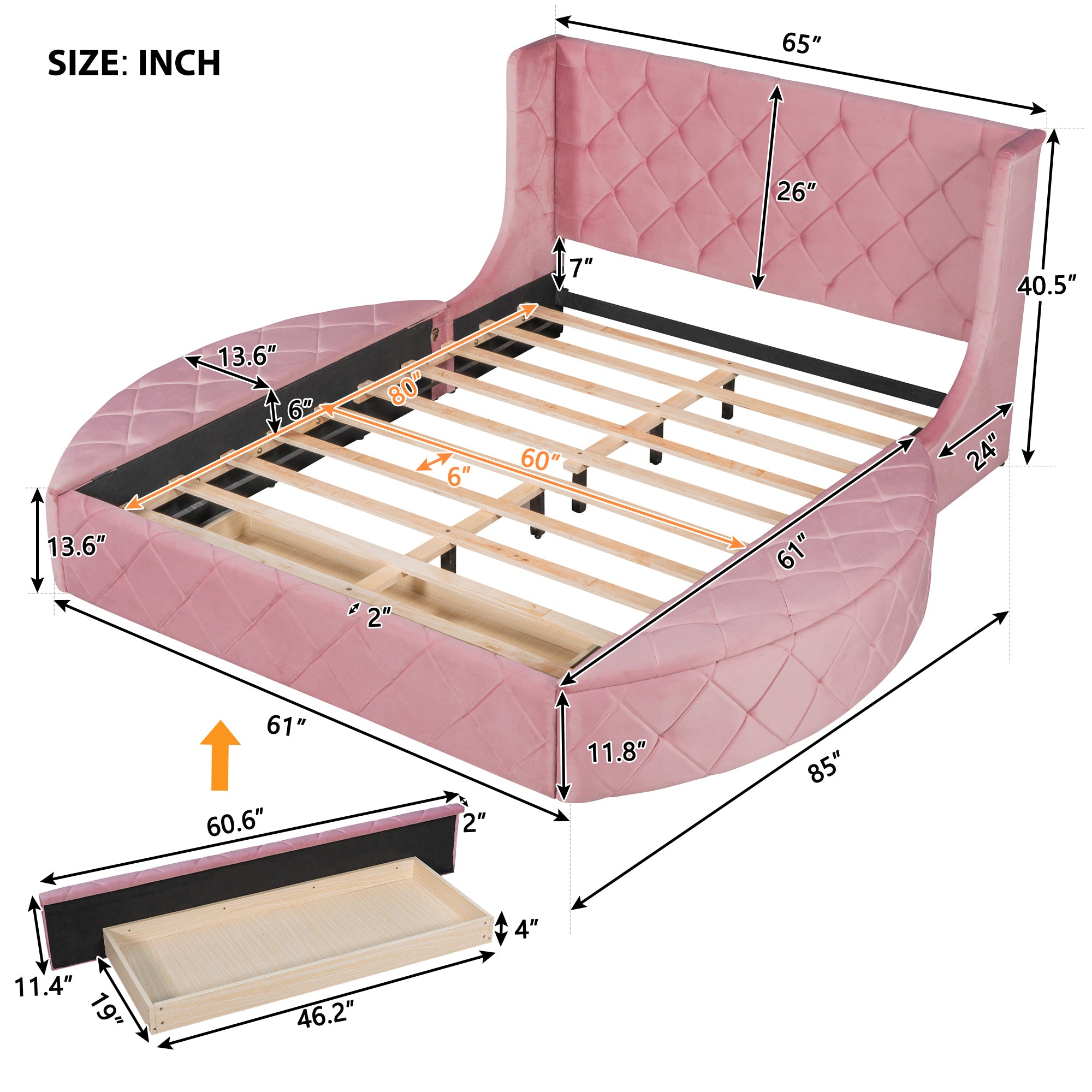 Upholstered Platform Bed Queen Size Storage Velvet Bed with Wingback Headboard and 1 Big Drawer,2 Side Storage Stool(Pink) - Atlantic Fine Furniture Melbourne FL