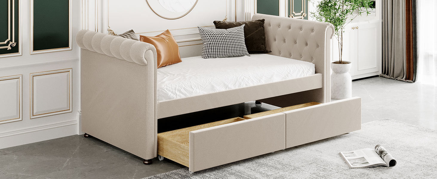 Twin Size Upholstered daybed with Drawers, Wood Slat Support, Beige(OLD SKU :LP000117AAA) - Atlantic Fine Furniture Melbourne FL