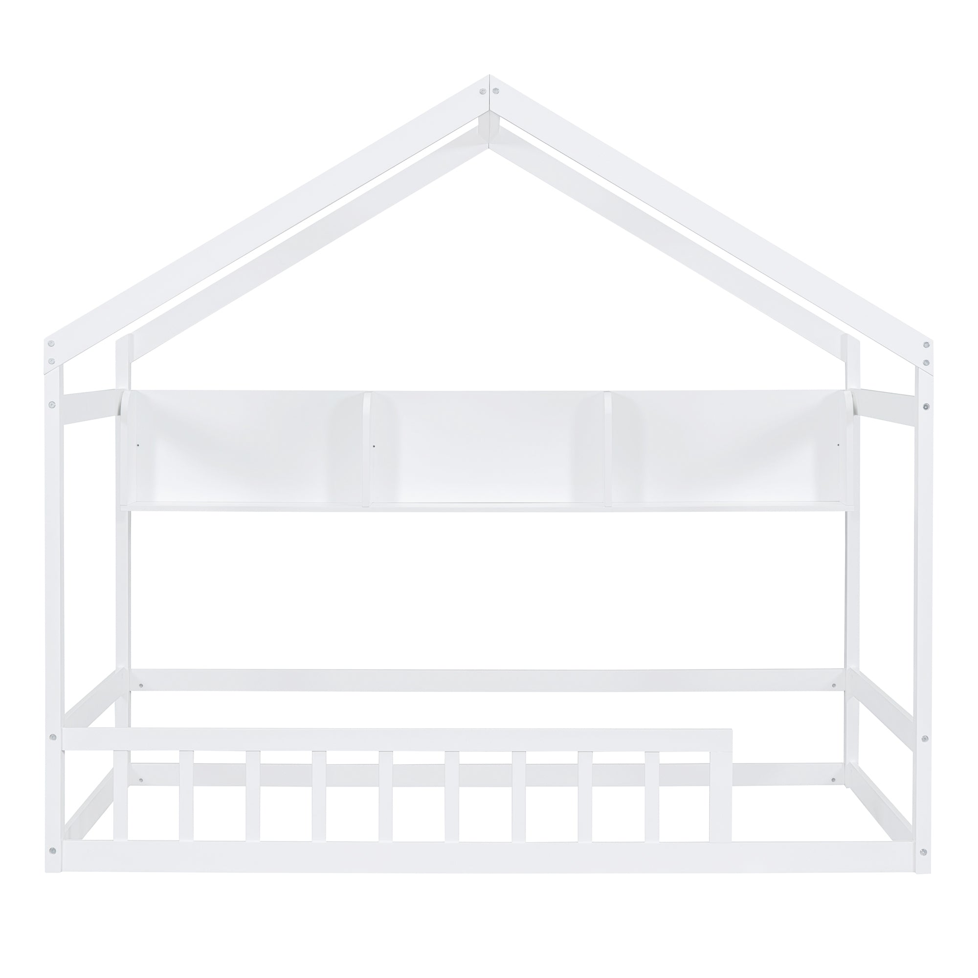 Wooden Twin Size House Bed with Storage Shelf,Kids Bed with Fence and Roof, White - Atlantic Fine Furniture Melbourne FL
