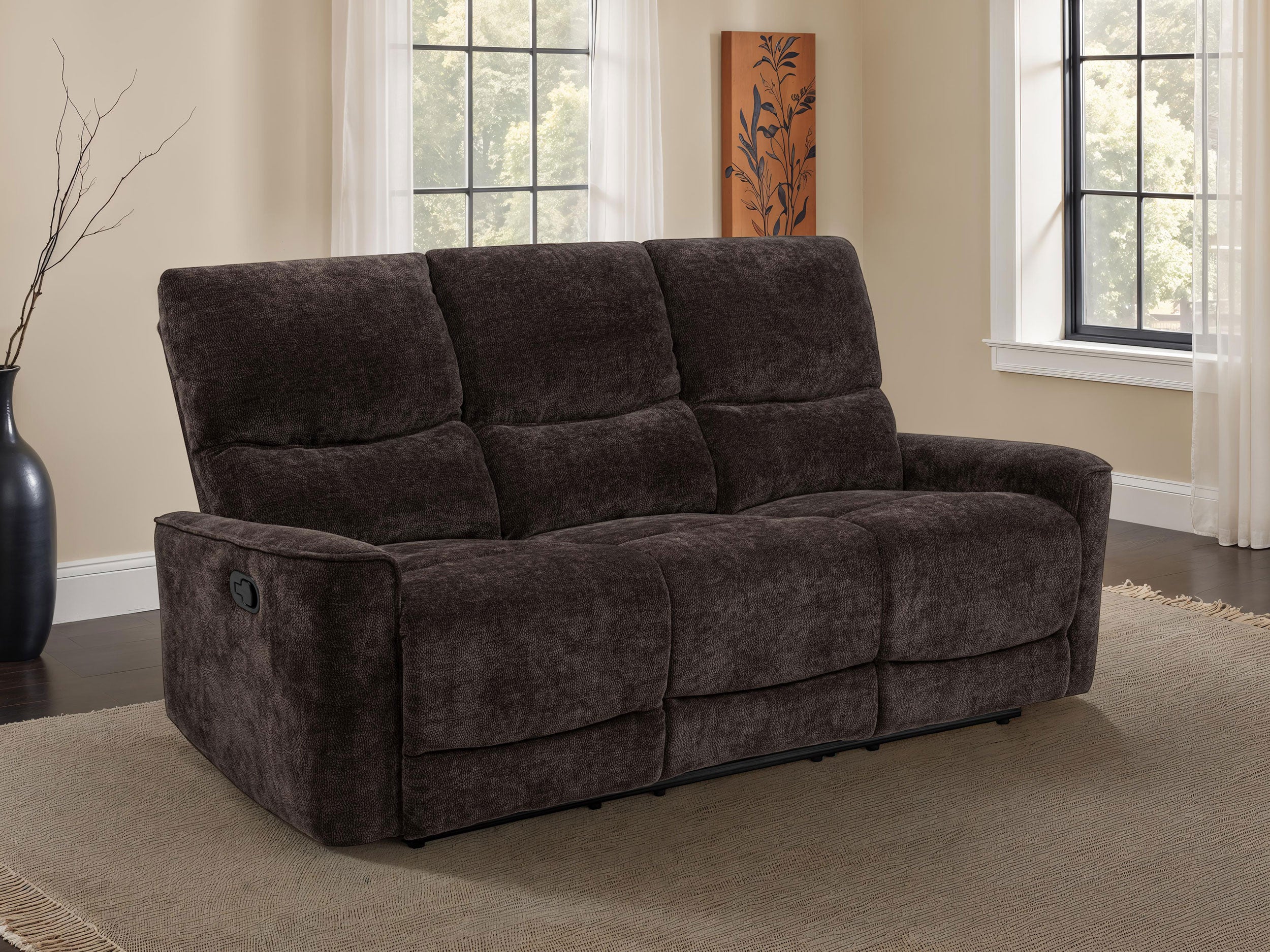 Navarro Chenille Upholstered Reclining Sofa Dark Brown — view 2