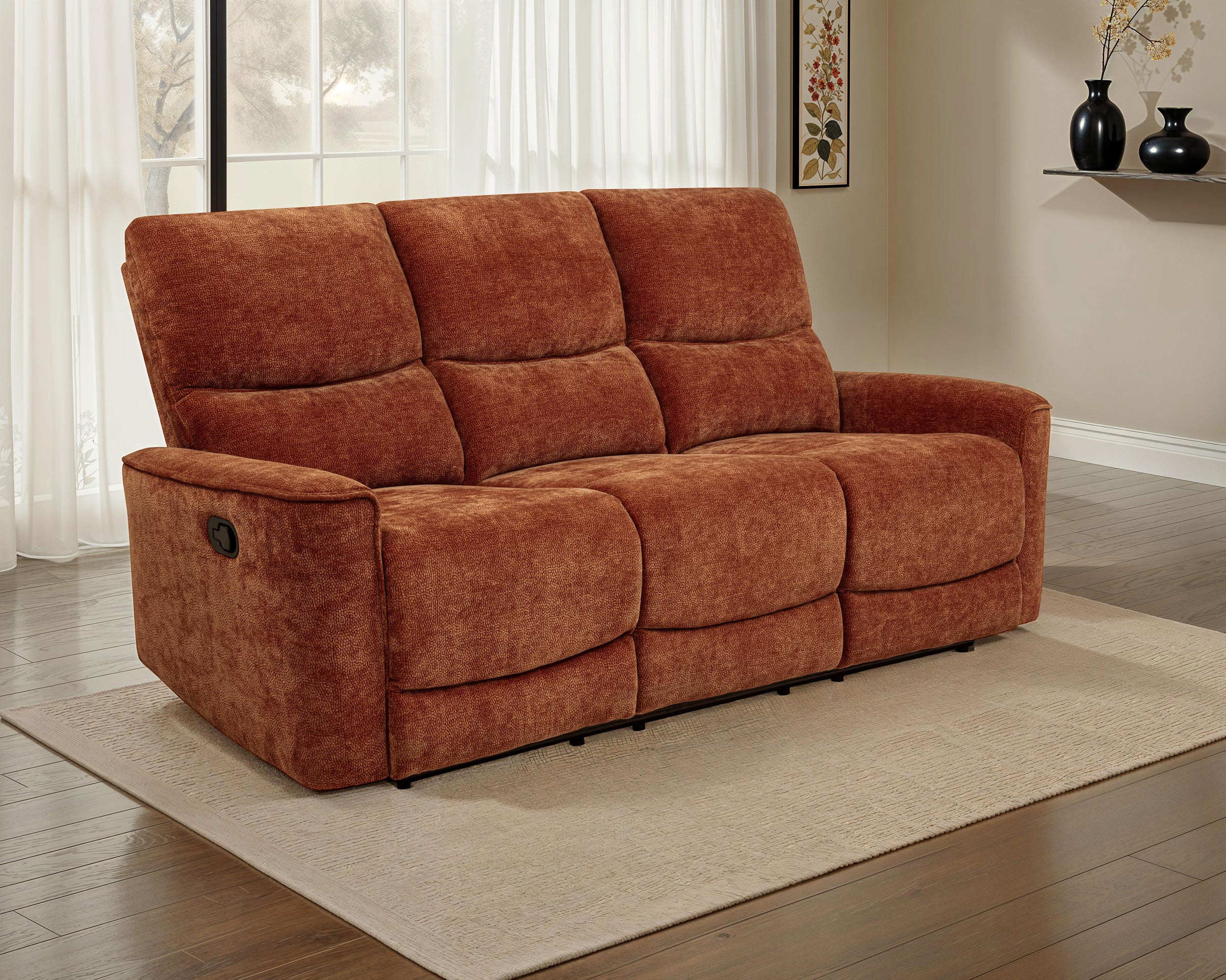 Navarro Chenille Upholstered Reclining Sofa Burnt Orange — view 2