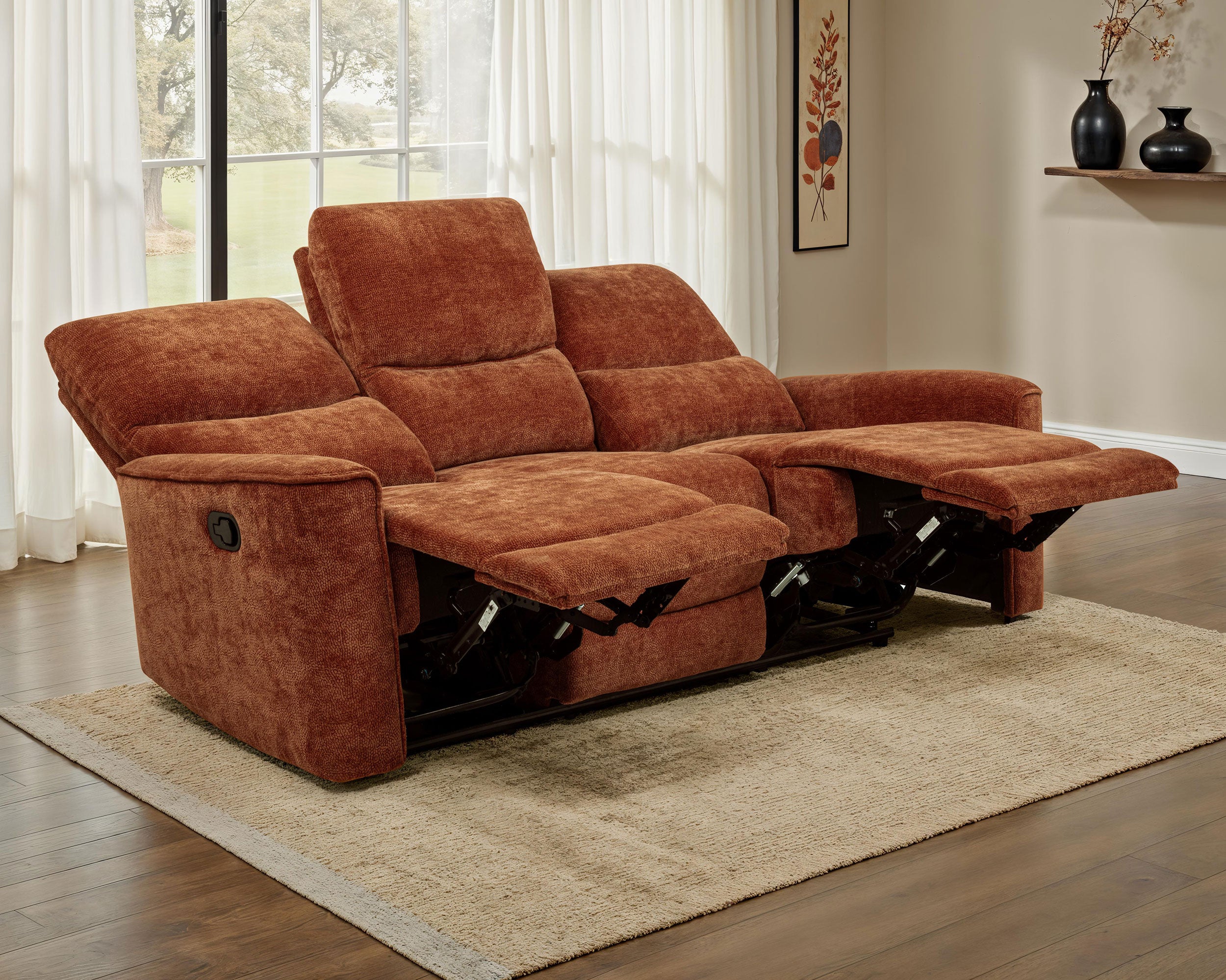Navarro Chenille Upholstered Reclining Sofa Burnt Orange — view 3
