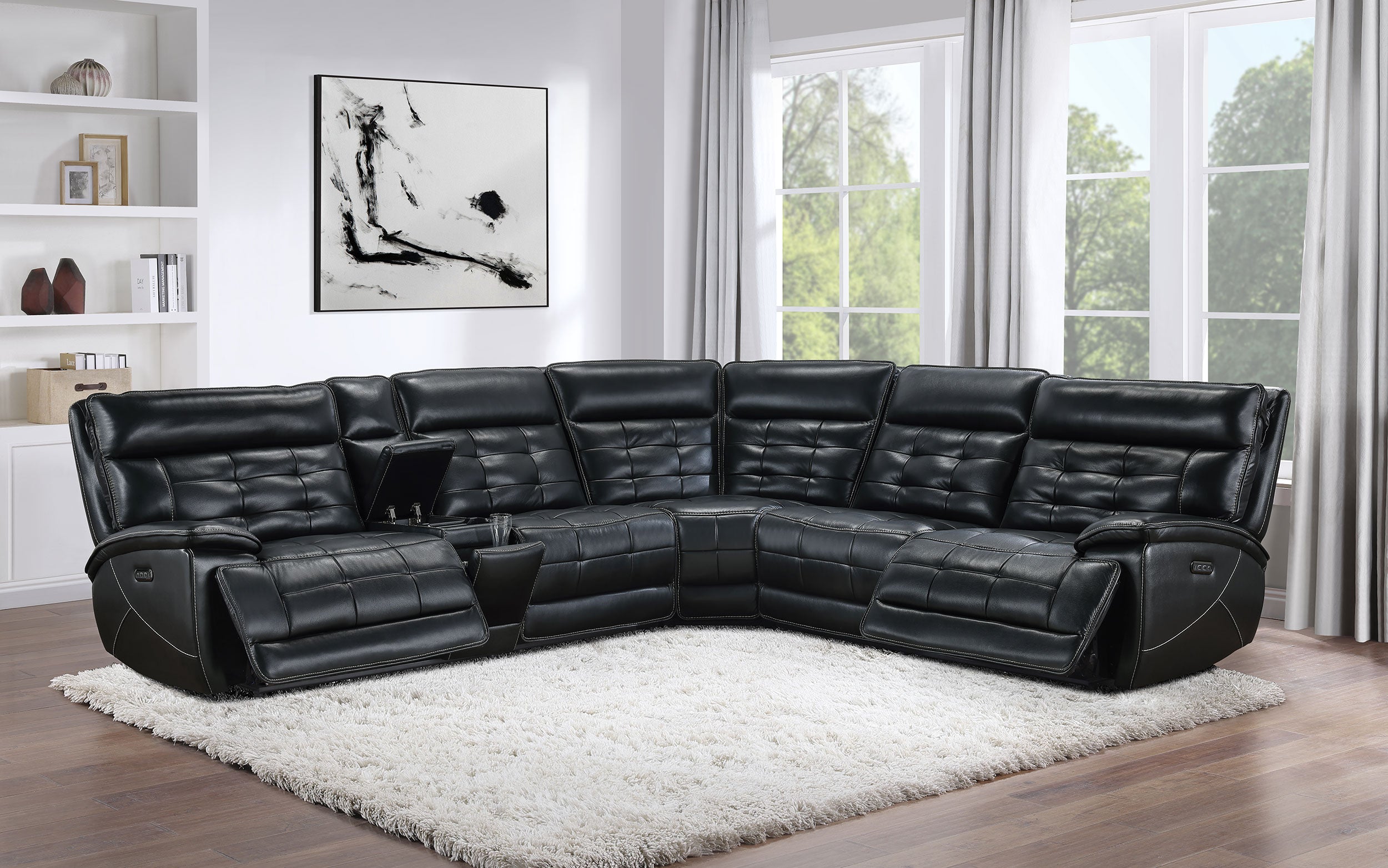 Hewitt Leather Dual Power Reclining Sectional Sofa Black — view 3