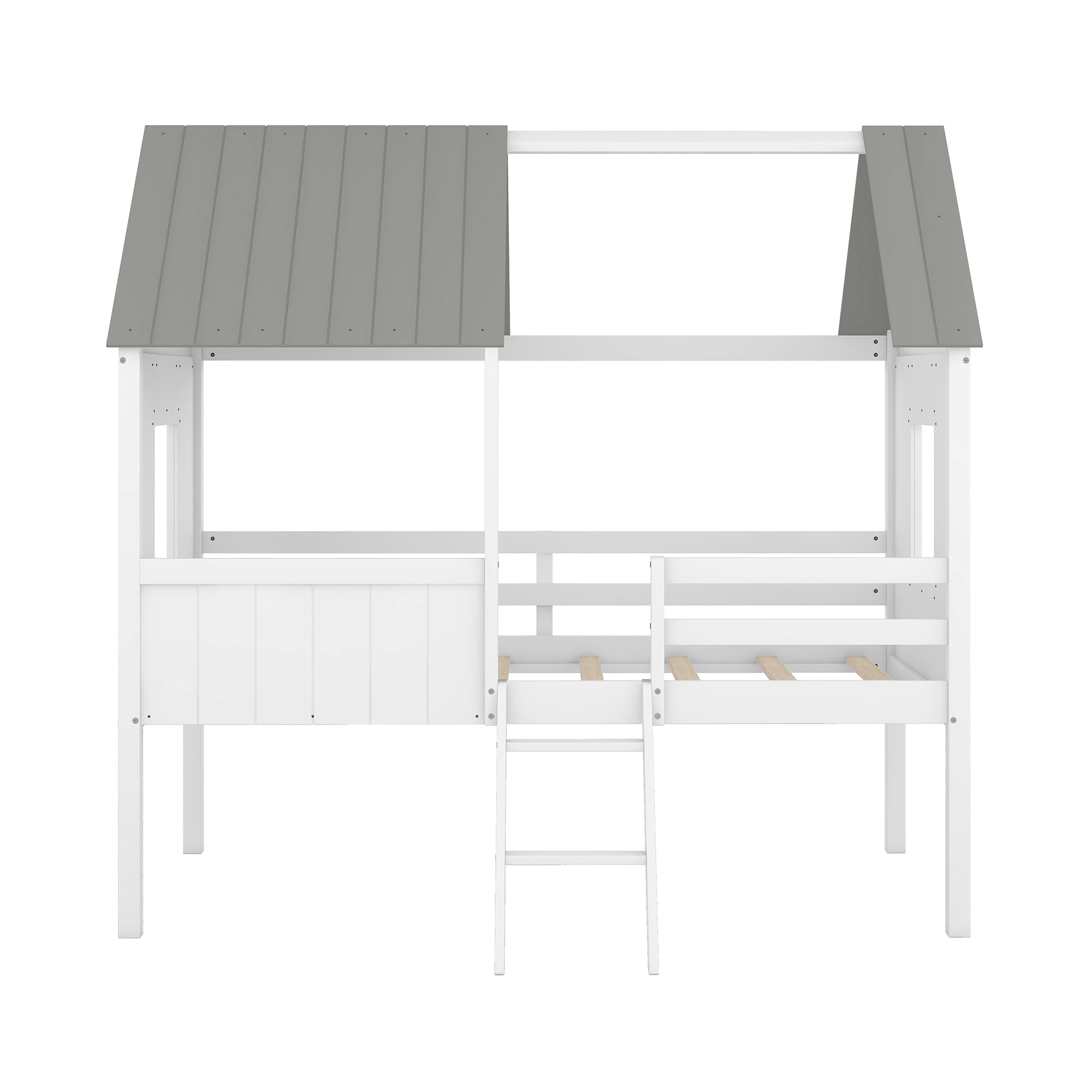 Twin Size Low Loft Wood House Bed with Two Side Windows (White+Gray)(OLD SKU: LP000037AAE)
